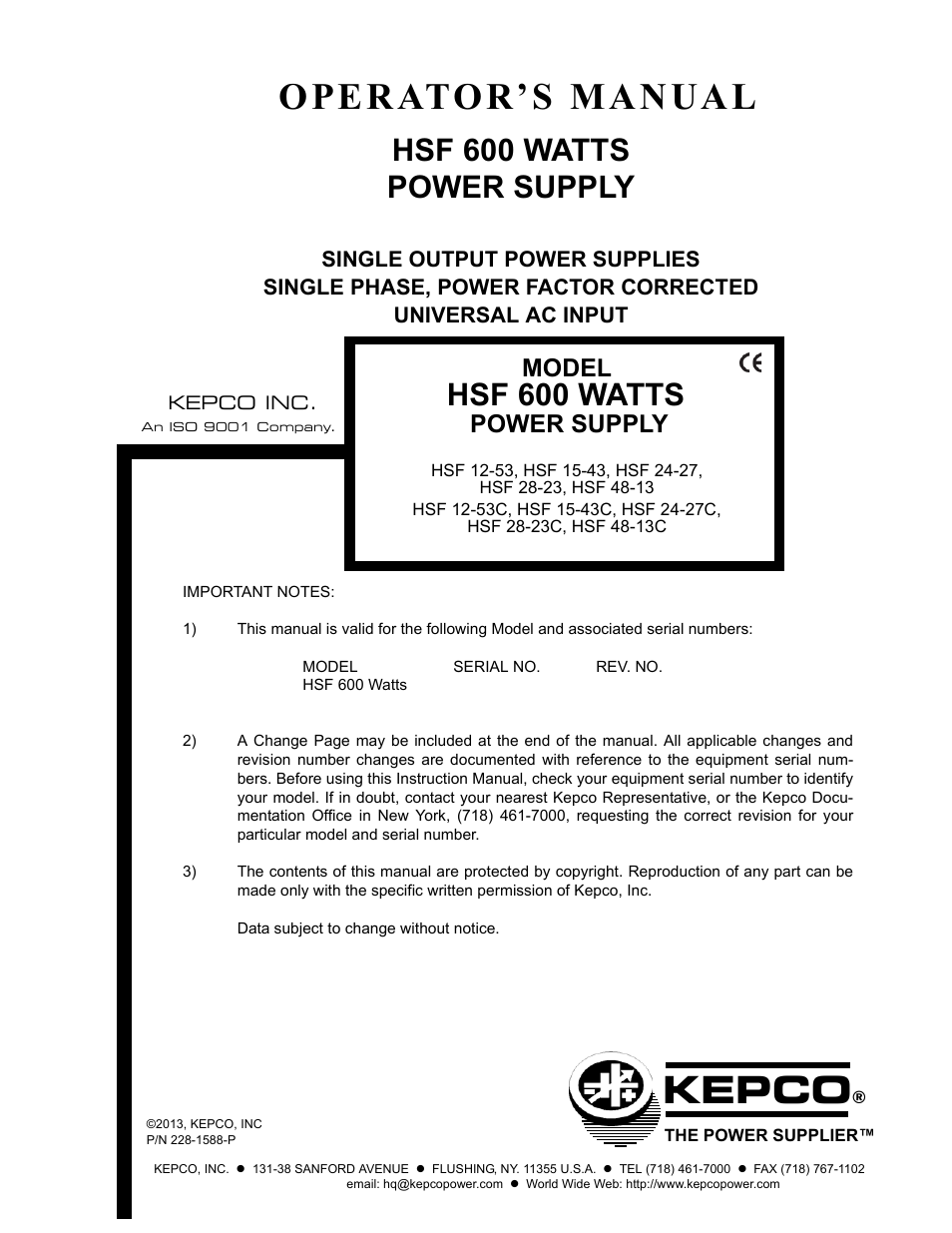KEPCO HSF 600W Series (no suffix, suffix C) Operator Manuals User Manual | 16 pages