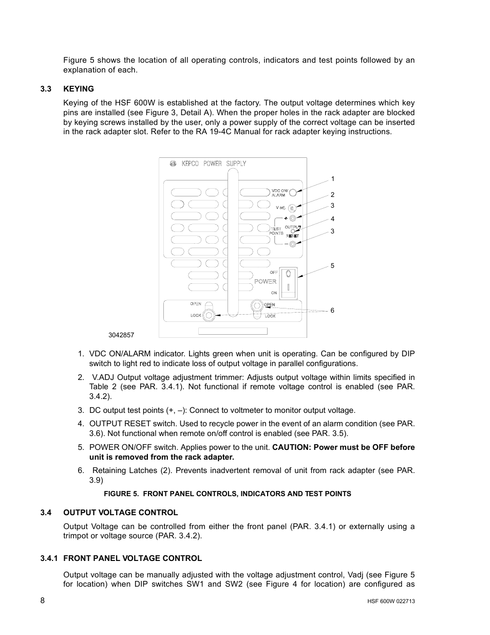 3 keying, 4 output voltage control, 1 front panel voltage control | Front panel controls, indicators and test points, R. 3.4.1), R 3.4) | KEPCO HSF 600W Series (no suffix, suffix C) Operator Manuals User Manual | Page 10 / 16