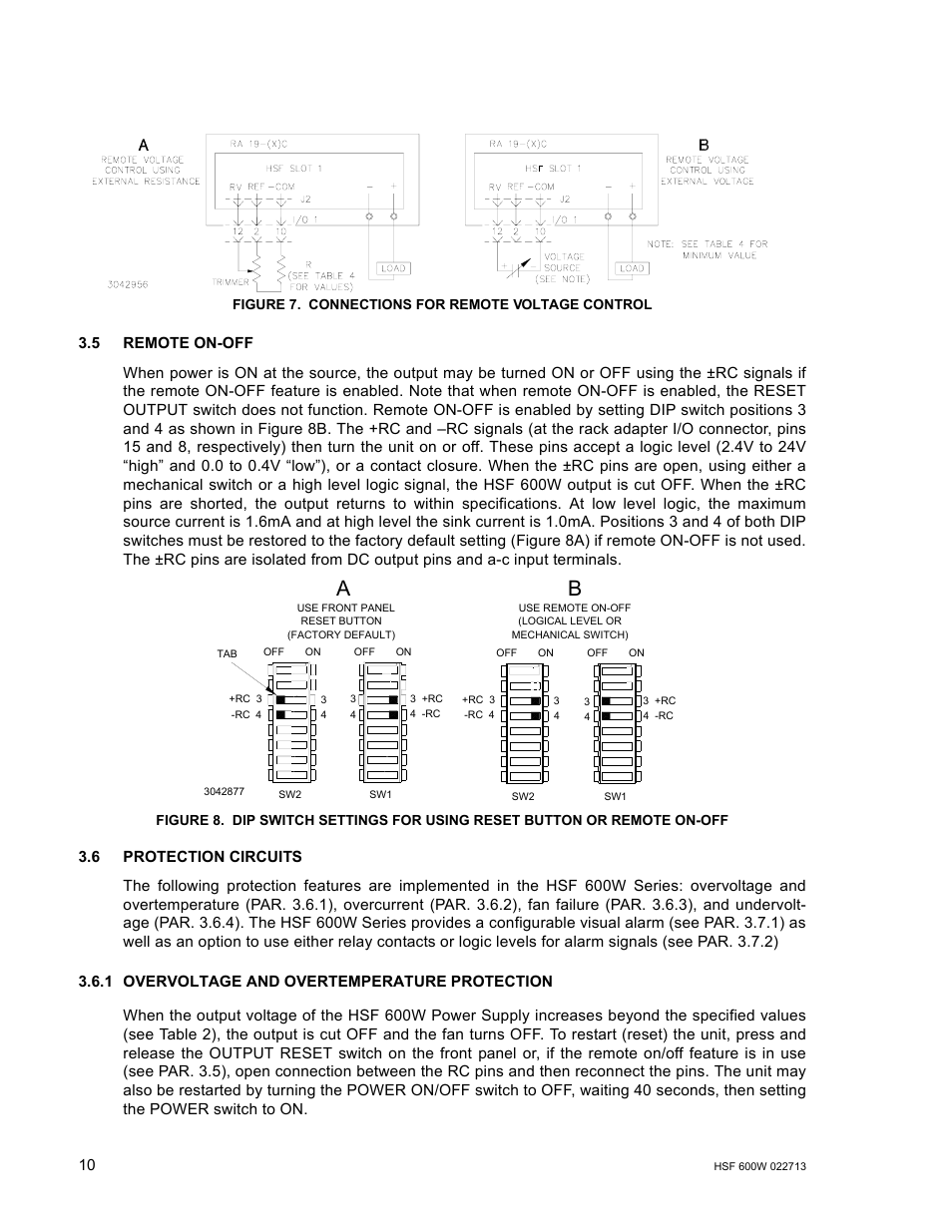 Figure 7. connections for remote voltage control, 5 remote on-off, 6 protection circuits | 1 overvoltage and overtemperature protection, Connections for remote voltage control, R. 3.5), R. 3.5, E 7. at the ra, 7a. sugg, Re 7 | KEPCO HSF 600W Series (no suffix, suffix C) Operator Manuals User Manual | Page 12 / 16