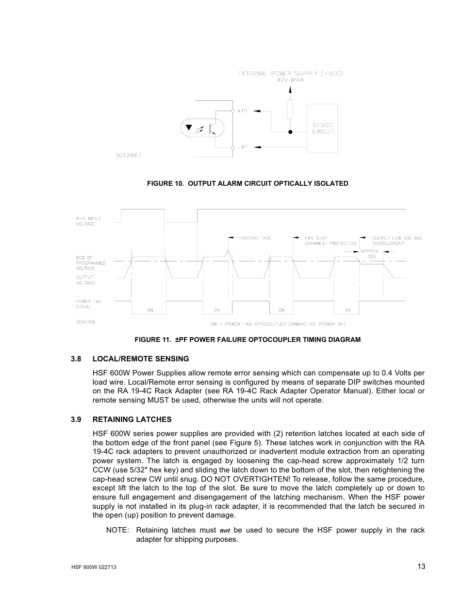 Figure 10. output alarm circuit optically isolated, 8 local/remote sensing, 9 retaining latches | Output alarm circuit optically isolated, Pf power failure optocoupler timing diagram, Re 10). the, Re 11 | KEPCO HSF 600W Series (no suffix, suffix C) Operator Manuals User Manual | Page 15 / 16