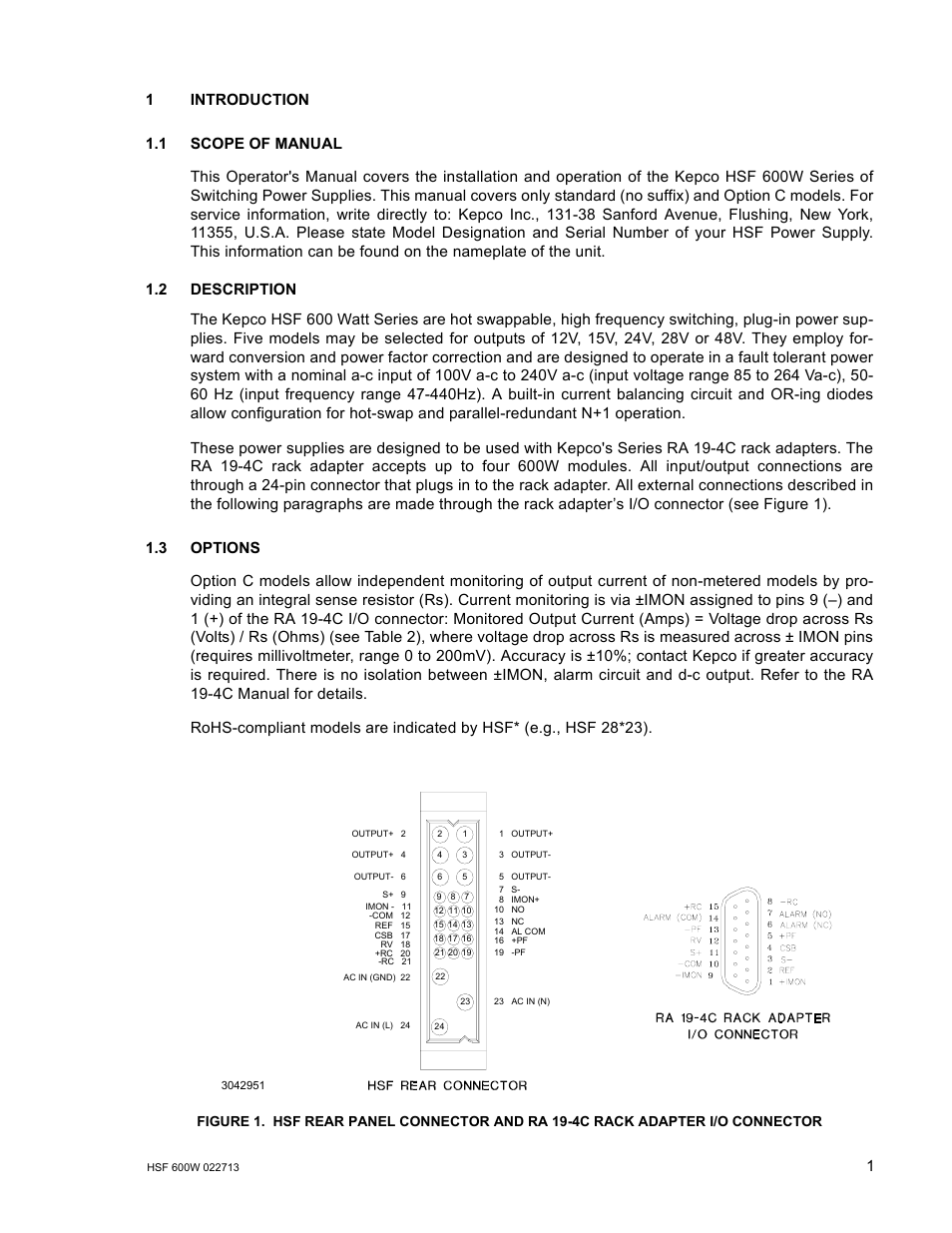 1 scope of manual, 2 description, 3 options | KEPCO HSF 600W Series (no suffix, suffix C) Operator Manuals User Manual | Page 3 / 16