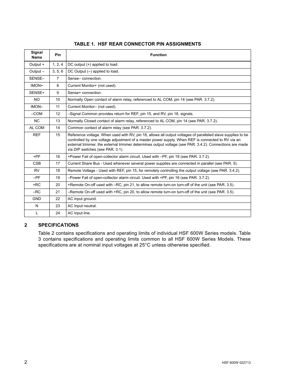 Table 1. hsf rear connector pin assignments, Hsf rear connector pin assignments | KEPCO HSF 600W Series (no suffix, suffix C) Operator Manuals User Manual | Page 4 / 16