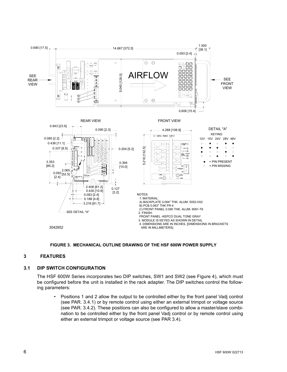 1 dip switch configuration, R. 3.1), Airflow | KEPCO HSF 600W Series (no suffix, suffix C) Operator Manuals User Manual | Page 8 / 16