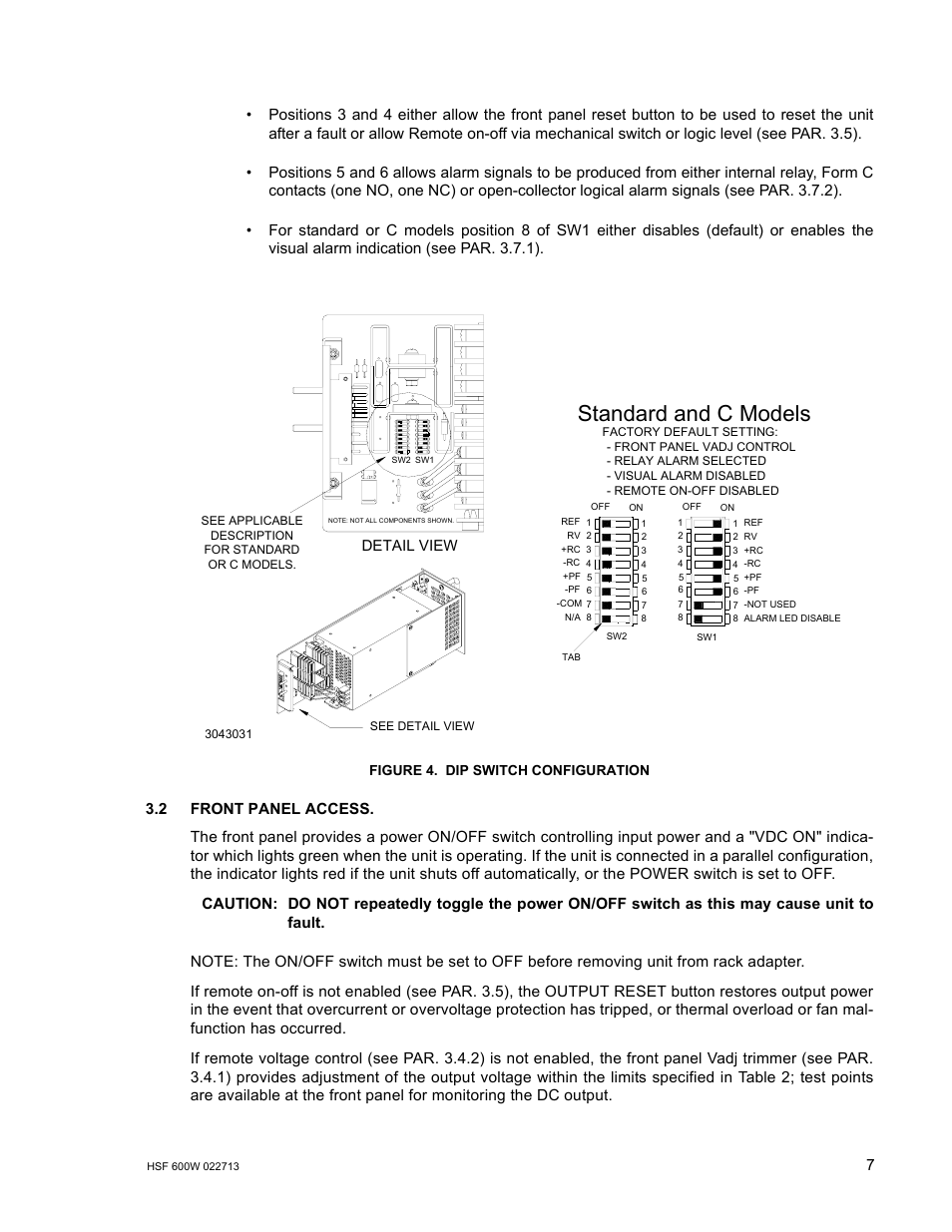 Figure 4. dip switch configuration, 2 front panel access, Dip switch configuration | Re 4), Standard and c models, Detail view | KEPCO HSF 600W Series (no suffix, suffix C) Operator Manuals User Manual | Page 9 / 16