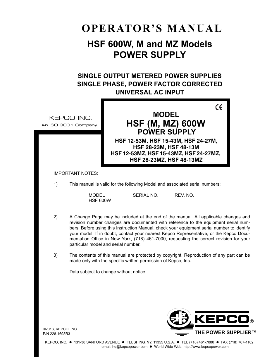 KEPCO HSF 600W Series (suffix M and MZ) Operator Manuals User Manual | 18 pages