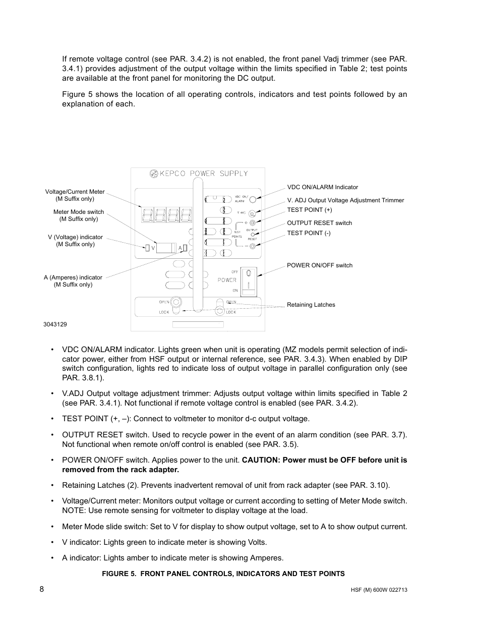 Front panel controls, indicators and test points | KEPCO HSF 600W Series (suffix M and MZ) Operator Manuals User Manual | Page 10 / 18