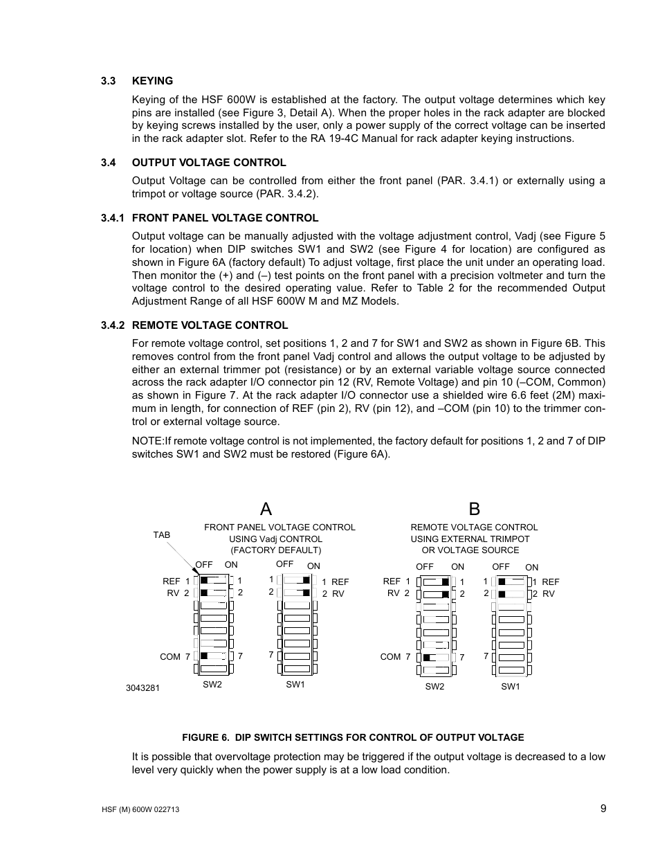 3 keying, 4 output voltage control, 1 front panel voltage control | 2 remote voltage control, Dip switch settings for control of output voltage, R. 3.4.2), R. 3.4.2, R 3.4) | KEPCO HSF 600W Series (suffix M and MZ) Operator Manuals User Manual | Page 11 / 18