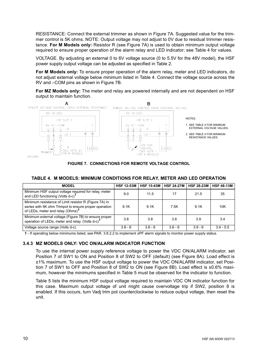 Figure 7. connections for remote voltage control, 3 mz models only: vdc on/alarm indicator function, Connections for remote voltage control | Able 4 for, R 3.4.3), R. 3.4.3), E 7. at the r | KEPCO HSF 600W Series (suffix M and MZ) Operator Manuals User Manual | Page 12 / 18
