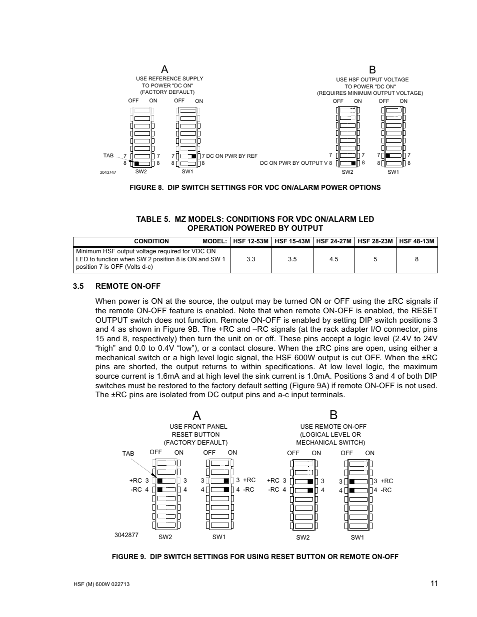 5 remote on-off, Dip switch settings for vdc on/alarm power options, R. 3.5) | Ble 5, R. 3.5, 8b). loa, Able 5, Able 5 list | KEPCO HSF 600W Series (suffix M and MZ) Operator Manuals User Manual | Page 13 / 18