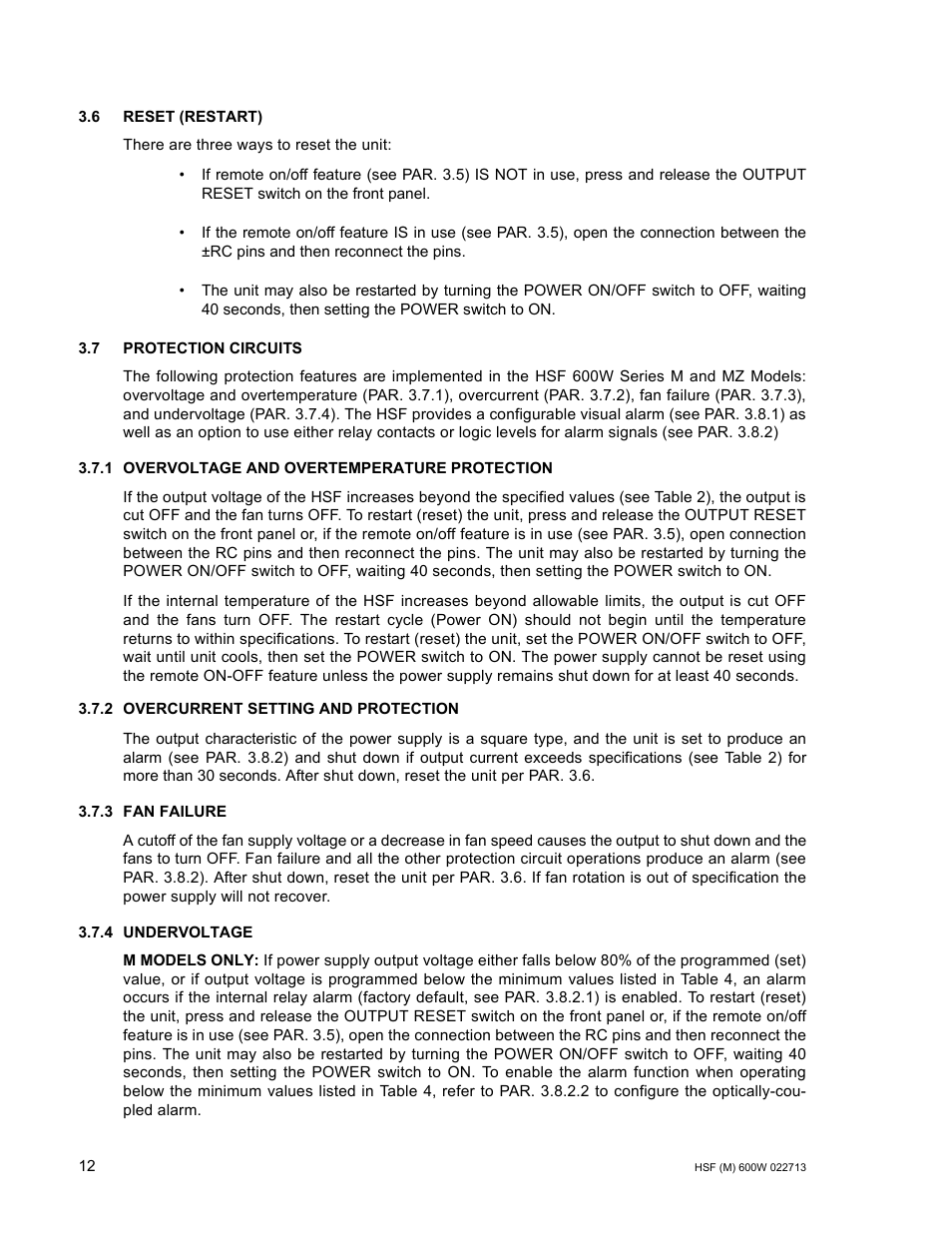 6 reset (restart), 7 protection circuits, 1 overvoltage and overtemperature protection | 2 overcurrent setting and protection, 3 fan failure, 4 undervoltage, R. 3.7.2), R. 3.7) | KEPCO HSF 600W Series (suffix M and MZ) Operator Manuals User Manual | Page 14 / 18