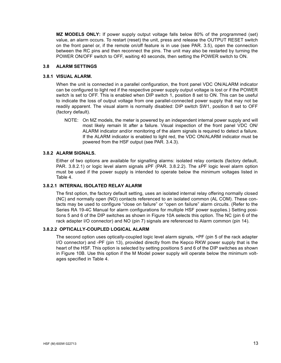 8 alarm settings, 1 visual alarm, 2 alarm signals | 1 internal isolated relay alarm, 2 optically-coupled logical alarm, R. 3.8.2.1), R. 3.8.2.2), R. 3.8.2), R. 3.8.1), R. 3.8.2.2 to | KEPCO HSF 600W Series (suffix M and MZ) Operator Manuals User Manual | Page 15 / 18