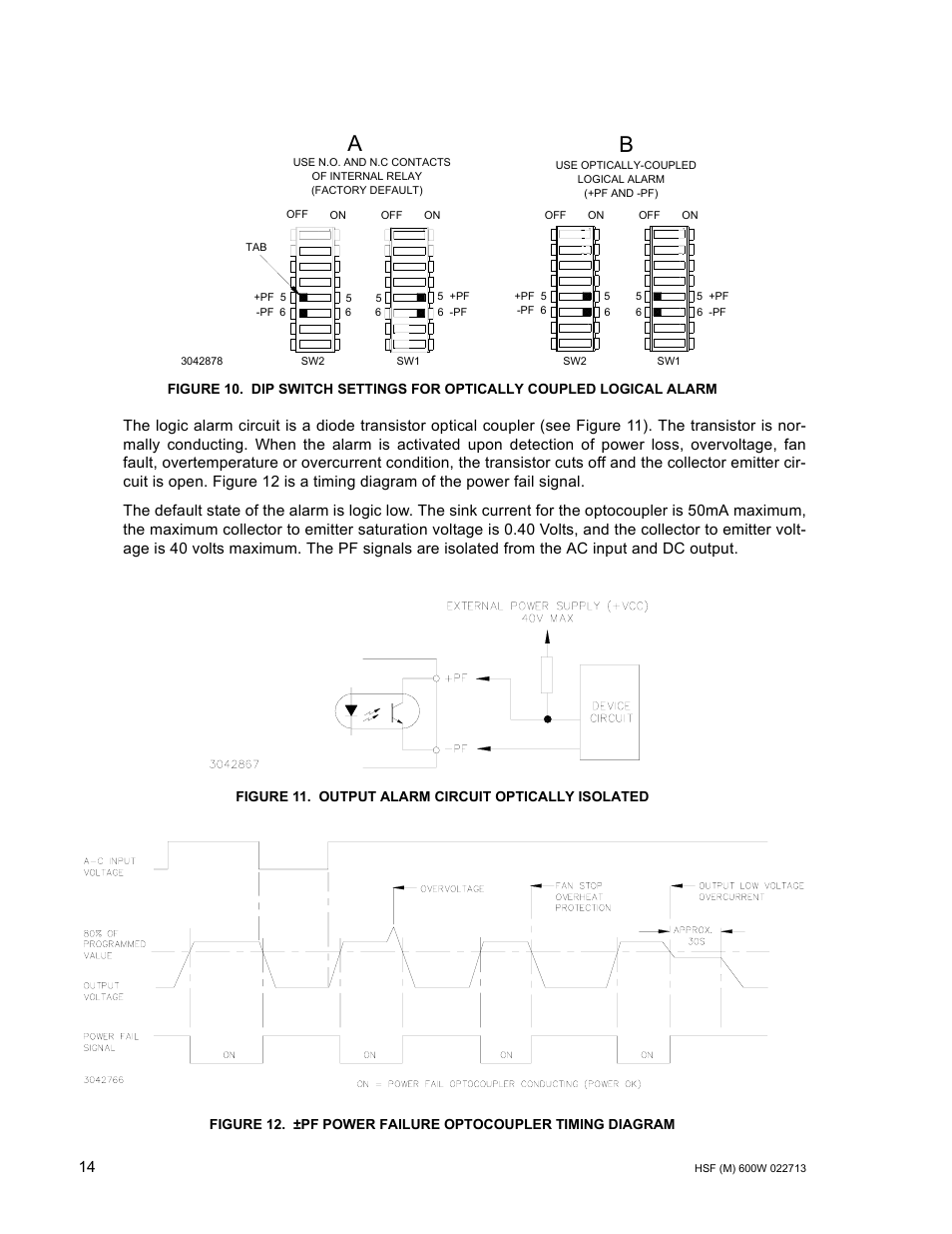 Figure 11. output alarm circuit optically isolated, Output alarm circuit optically isolated, Pf power failure optocoupler timing diagram | KEPCO HSF 600W Series (suffix M and MZ) Operator Manuals User Manual | Page 16 / 18