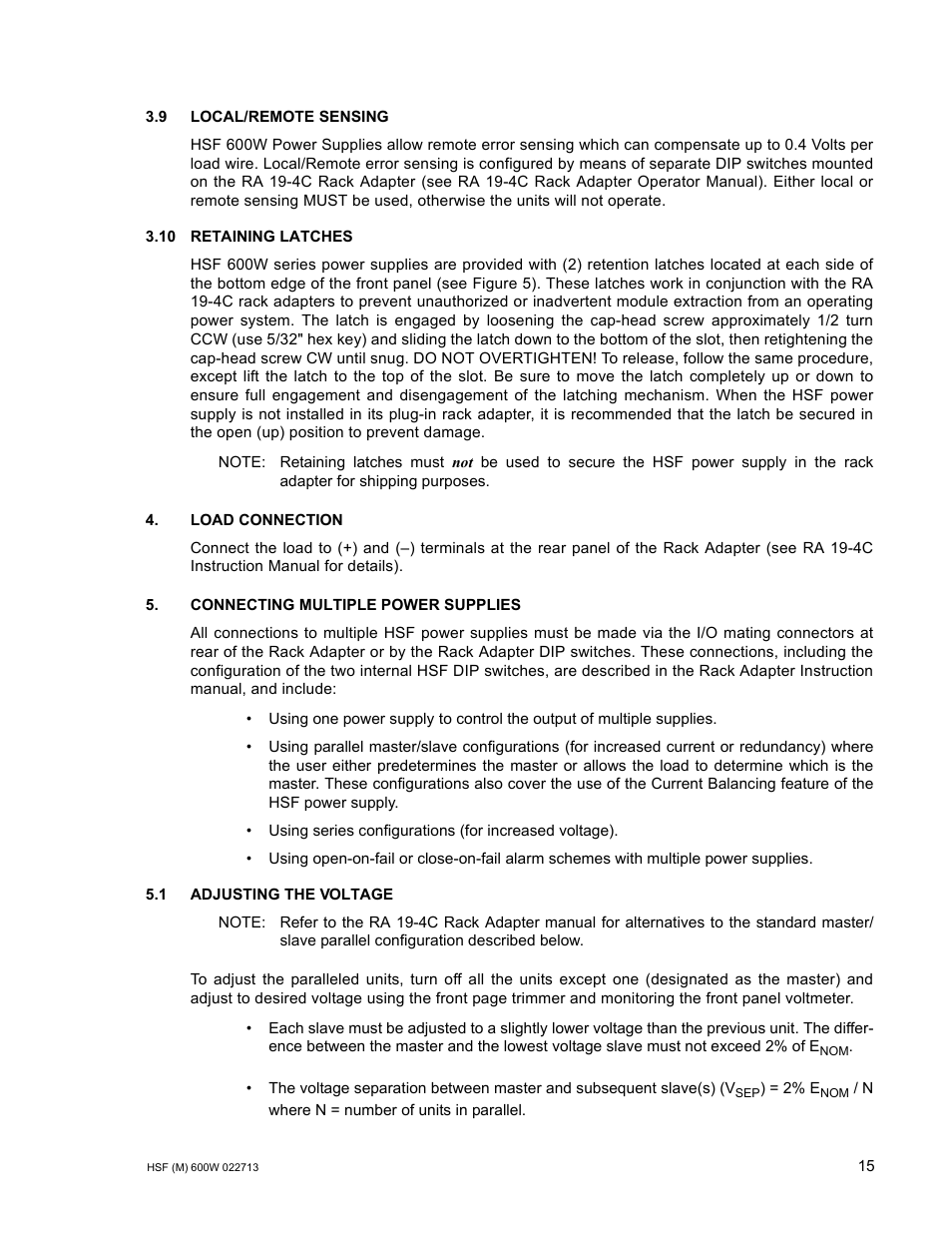 9 local/remote sensing, 10 retaining latches, 1 adjusting the voltage | R. 5.), R. 3.10) | KEPCO HSF 600W Series (suffix M and MZ) Operator Manuals User Manual | Page 17 / 18