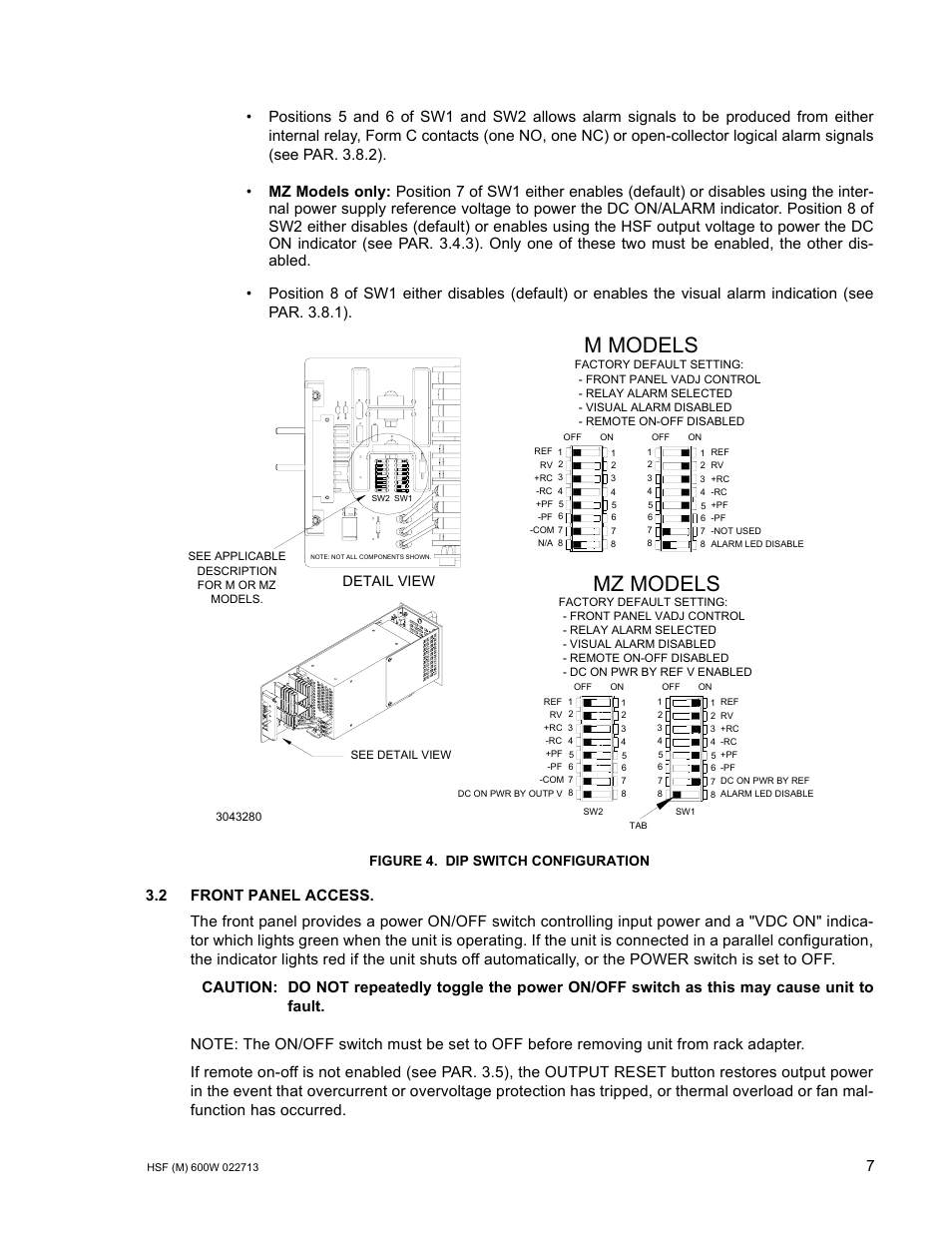 Figure 4. dip switch configuration, 2 front panel access, Dip switch configuration | 4), which mu, M models mz models, Detail view | KEPCO HSF 600W Series (suffix M and MZ) Operator Manuals User Manual | Page 9 / 18