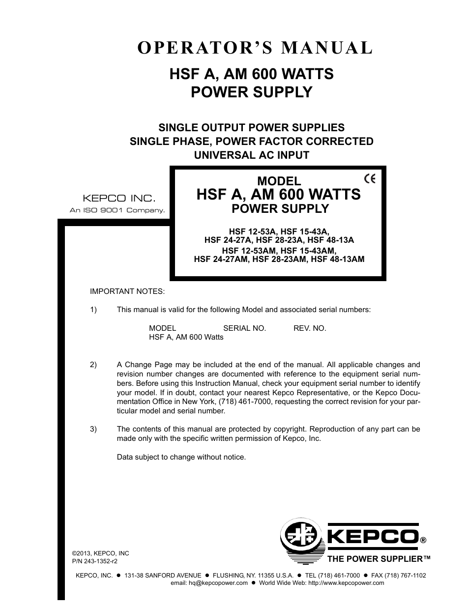 KEPCO HSF 600W Series (suffix A and AM) Operator Manuals User Manual | 18 pages
