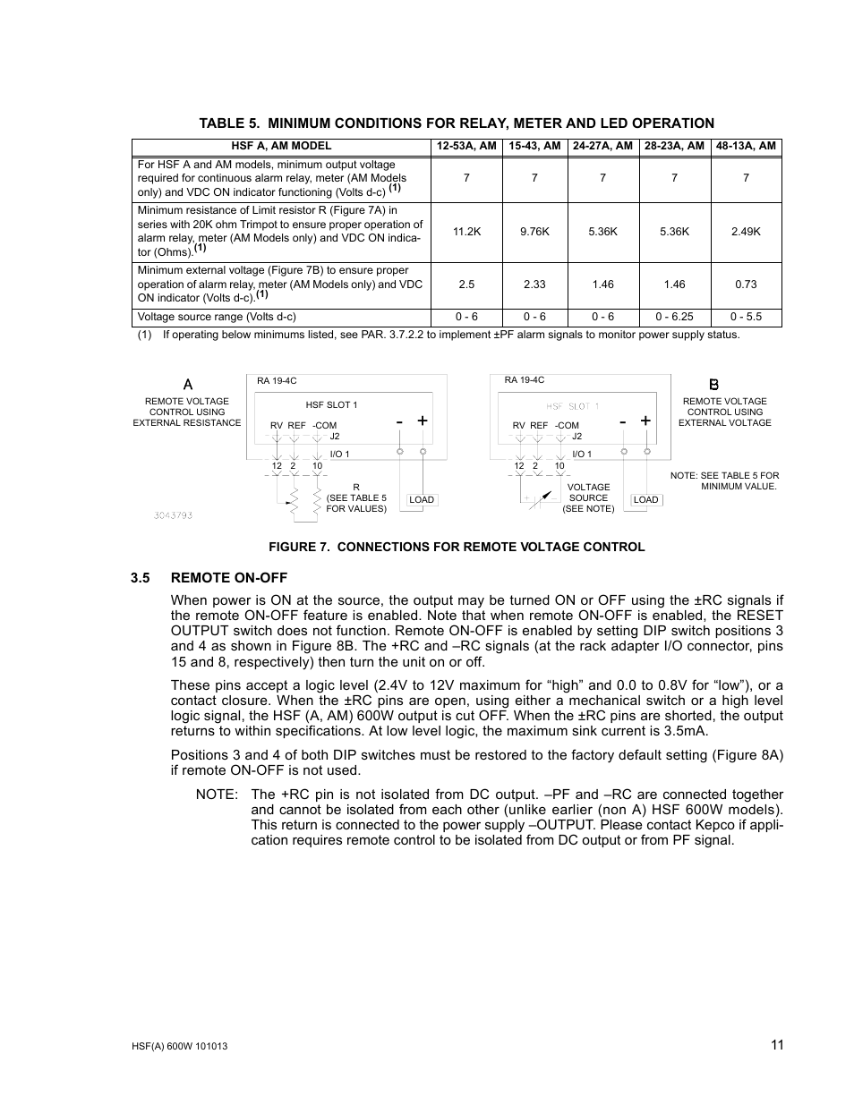 Figure 7. connections for remote voltage control, 5 remote on-off, Connections for remote voltage control | R. 3.5), R. 3.5). c, Able 5 for, R. 3.5, Ble 5, In figure 7, 7a. su | KEPCO HSF 600W Series (suffix A and AM) Operator Manuals User Manual | Page 13 / 18