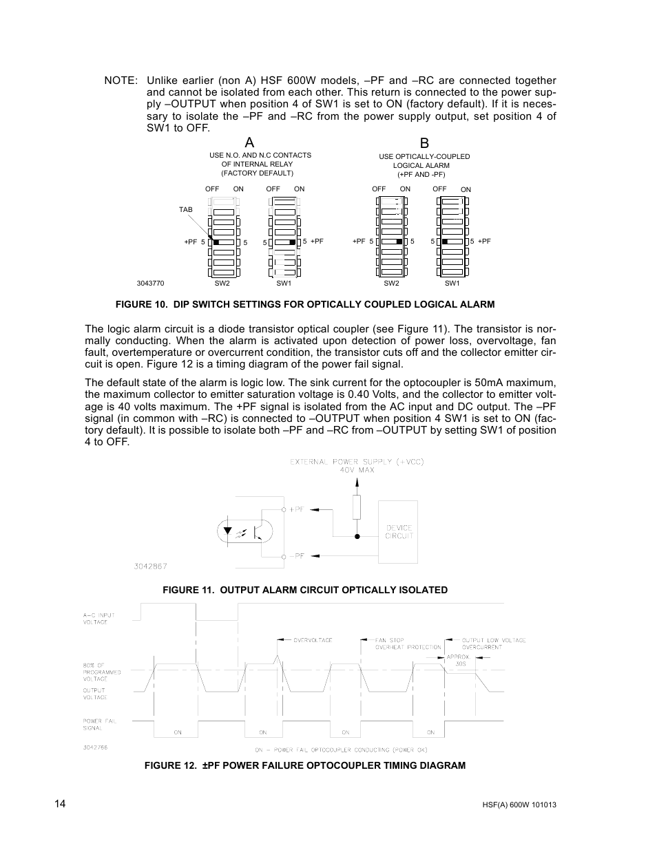 Figure 11. output alarm circuit optically isolated, Output alarm circuit optically isolated, Pf power failure optocoupler timing diagram | KEPCO HSF 600W Series (suffix A and AM) Operator Manuals User Manual | Page 16 / 18