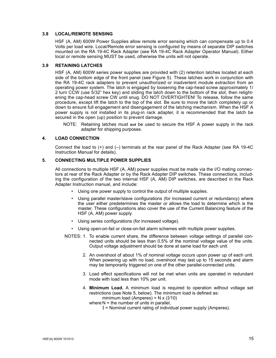 8 local/remote sensing, 9 retaining latches, Load connection | Connecting multiple power supplies, R. 5.) | KEPCO HSF 600W Series (suffix A and AM) Operator Manuals User Manual | Page 17 / 18