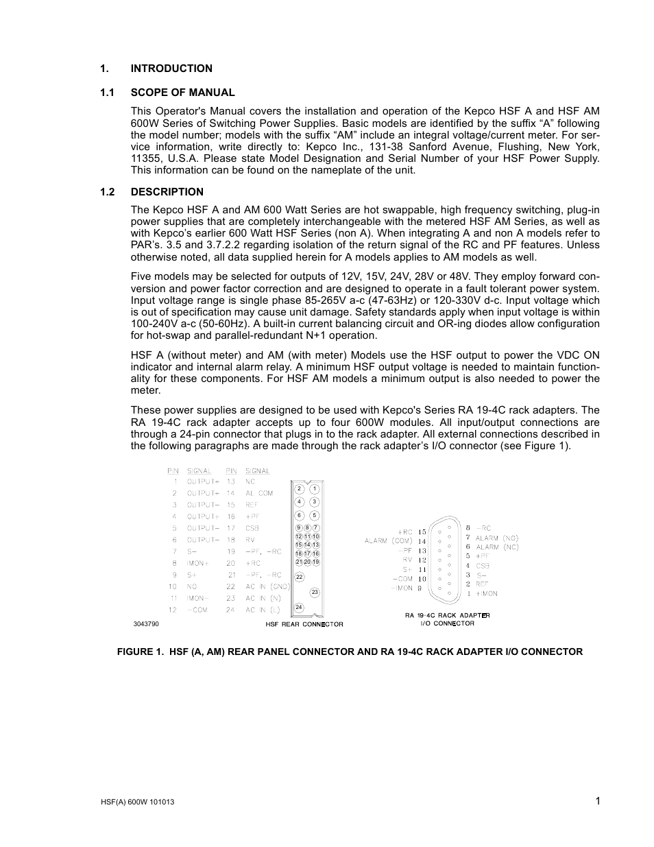 Introduction, 1 scope of manual, 2 description | KEPCO HSF 600W Series (suffix A and AM) Operator Manuals User Manual | Page 3 / 18