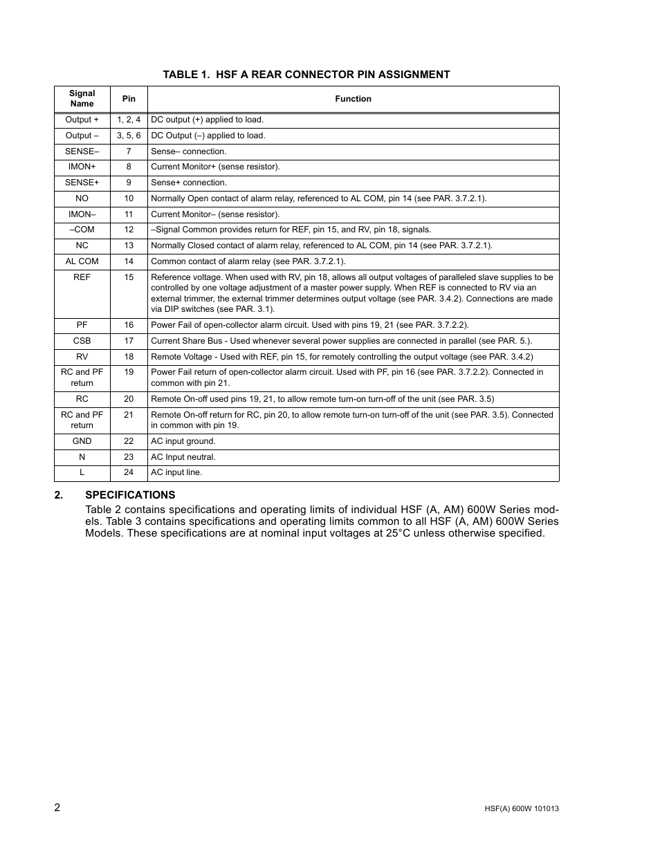 Table 1. hsf a rear connector pin assignment, Specifications, Hsf a rear connector pin assignment | KEPCO HSF 600W Series (suffix A and AM) Operator Manuals User Manual | Page 4 / 18