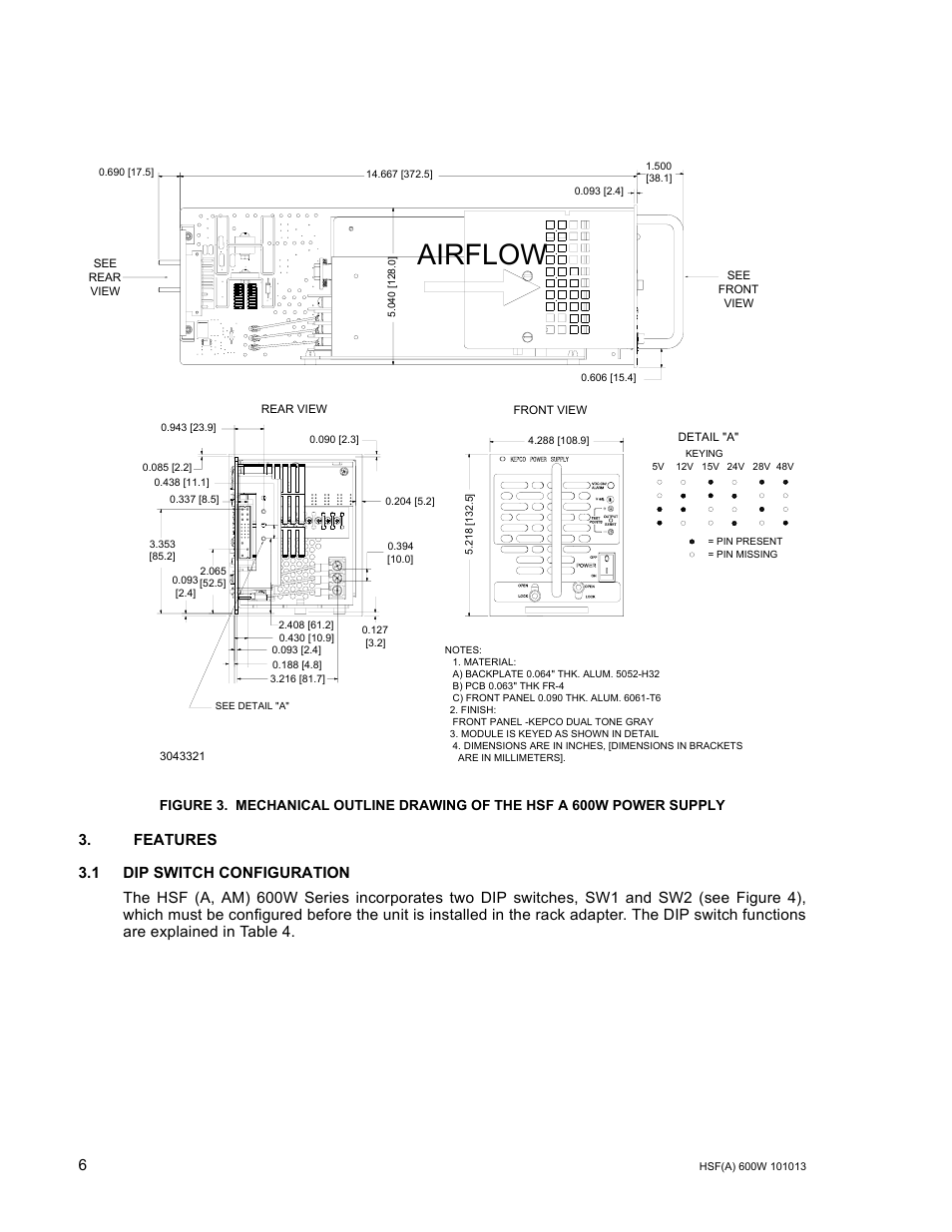 Features, 1 dip switch configuration, R. 3.1) | Airflow | KEPCO HSF 600W Series (suffix A and AM) Operator Manuals User Manual | Page 8 / 18