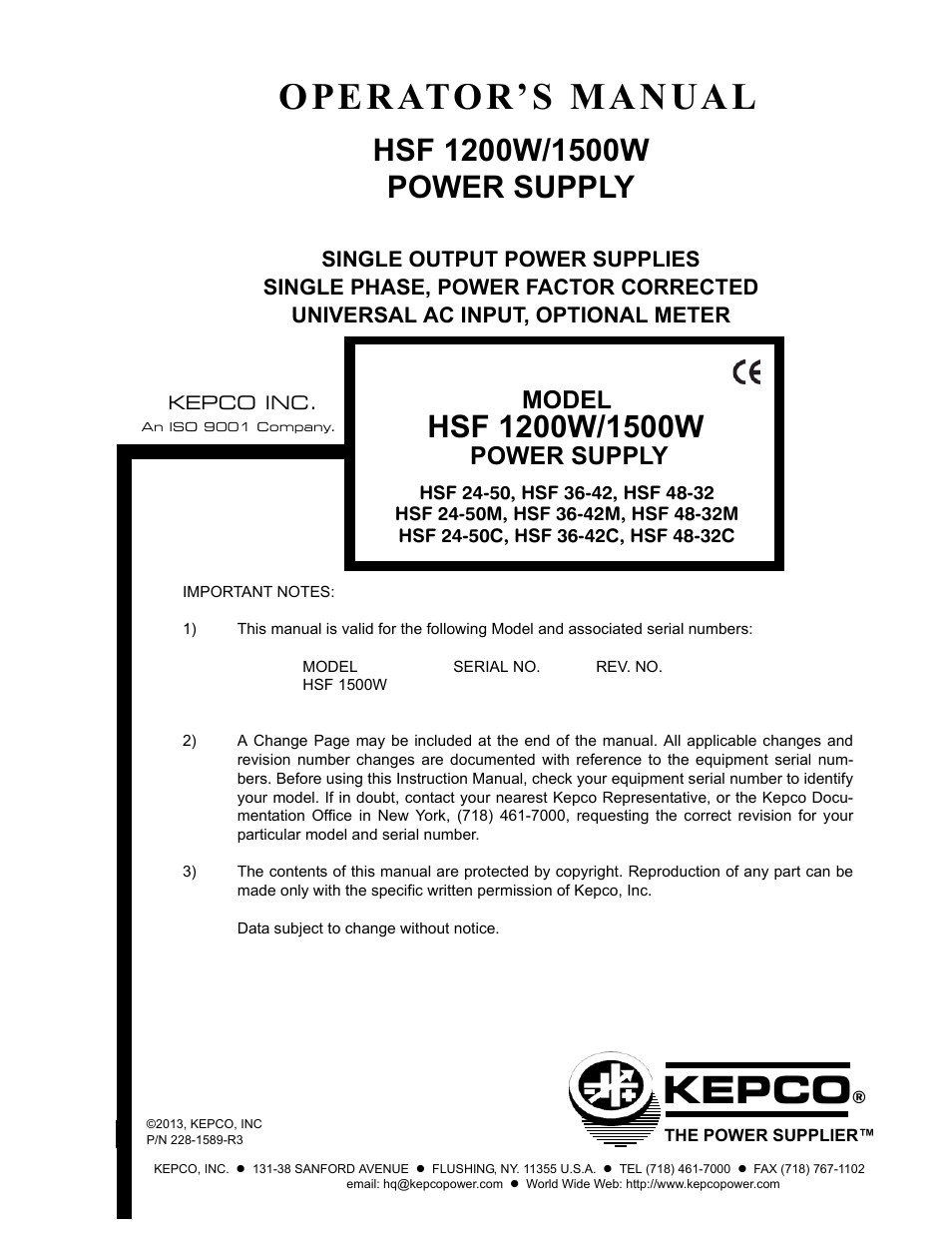 KEPCO HSF 1500W Series (all models) Operator Manuals User Manual | 14 pages