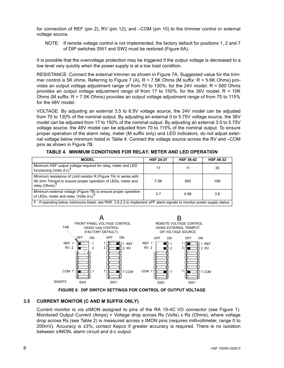 5 current monitor (c and m suffix only), Current monitor (c and m suffix only), Dip switch settings for control of output voltage | KEPCO HSF 1500W Series (all models) Operator Manuals User Manual | Page 10 / 14