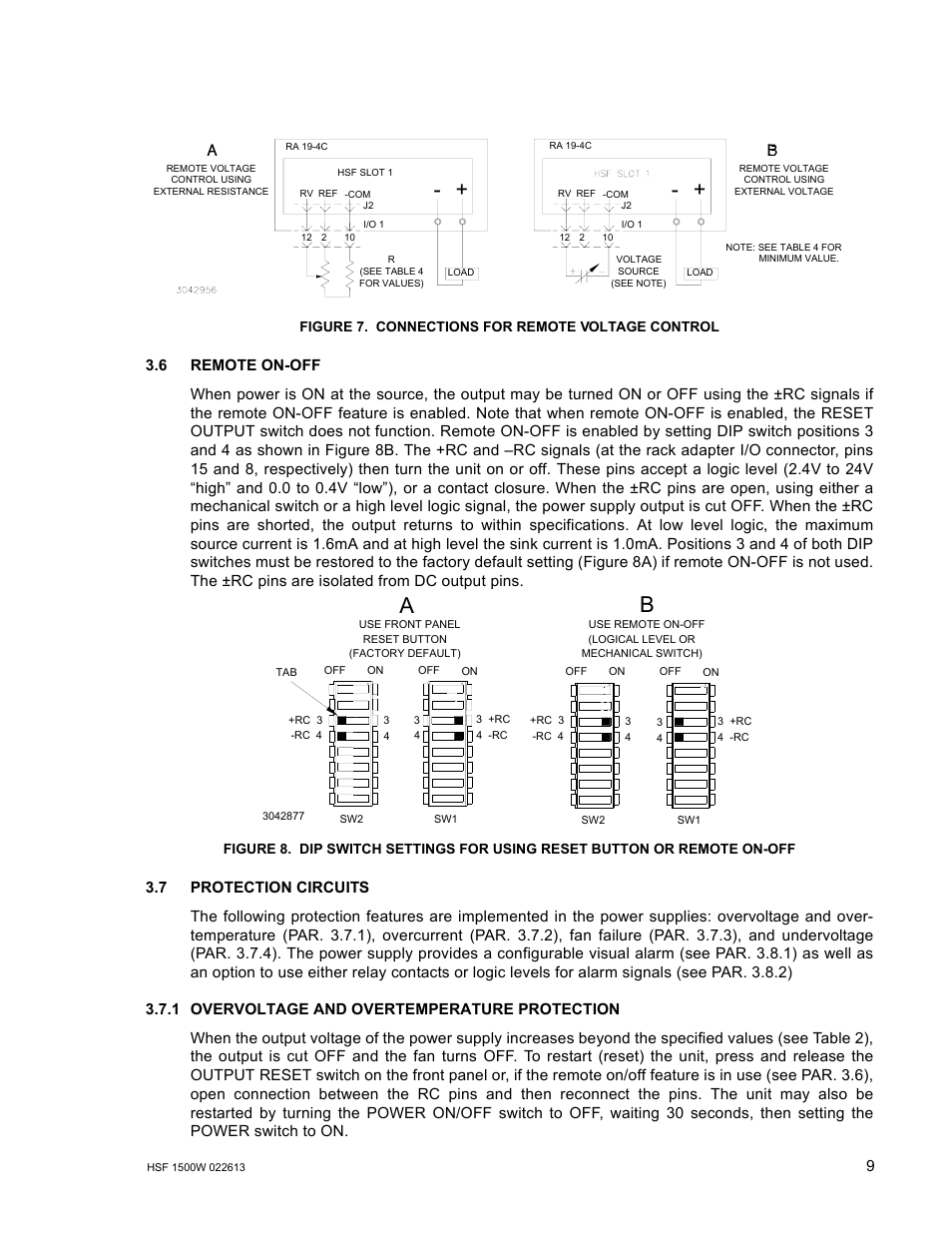 Figure 7. connections for remote voltage control, 6 remote on-off, 7 protection circuits | 1 overvoltage and overtemperature protection, Remote on-off, Protection circuits, Overvoltage and overtemperature protection, Connections for remote voltage control, R. 3.6), 7a. sugg | KEPCO HSF 1500W Series (all models) Operator Manuals User Manual | Page 11 / 14