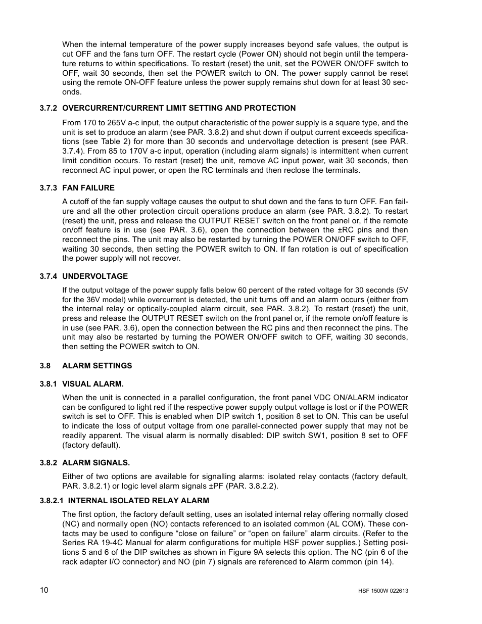 2 overcurrent/current limit setting and protection, 3 fan failure, 4 undervoltage | 8 alarm settings, 1 visual alarm, 2 alarm signals, 1 internal isolated relay alarm, Overcurrent/current limit setting and protection, Fan failure, Undervoltage | KEPCO HSF 1500W Series (all models) Operator Manuals User Manual | Page 12 / 14