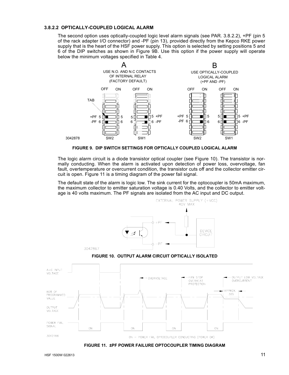 2 optically-coupled logical alarm, Figure 10. output alarm circuit optically isolated, Optically-coupled logical alarm | Output alarm circuit optically isolated, Pf power failure optocoupler timing diagram, R. 3.8.2.2 to | KEPCO HSF 1500W Series (all models) Operator Manuals User Manual | Page 13 / 14