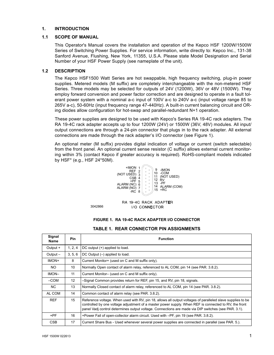 1 scope of manual, 2 description, Figure 1. ra 19-4c rack adapter i/o connector | Table 1. rear connector pin assignments, Introduction 1.1, Scope of manual, Description, Ra 19-4c rack adapter i/o connector, Rear connector pin assignments | KEPCO HSF 1500W Series (all models) Operator Manuals User Manual | Page 3 / 14