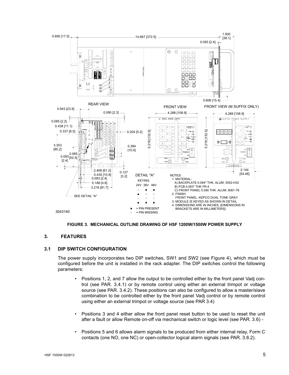 1 dip switch configuration, Features 3.1, Dip switch configuration | R. 3.1), E 3) | KEPCO HSF 1500W Series (all models) Operator Manuals User Manual | Page 7 / 14