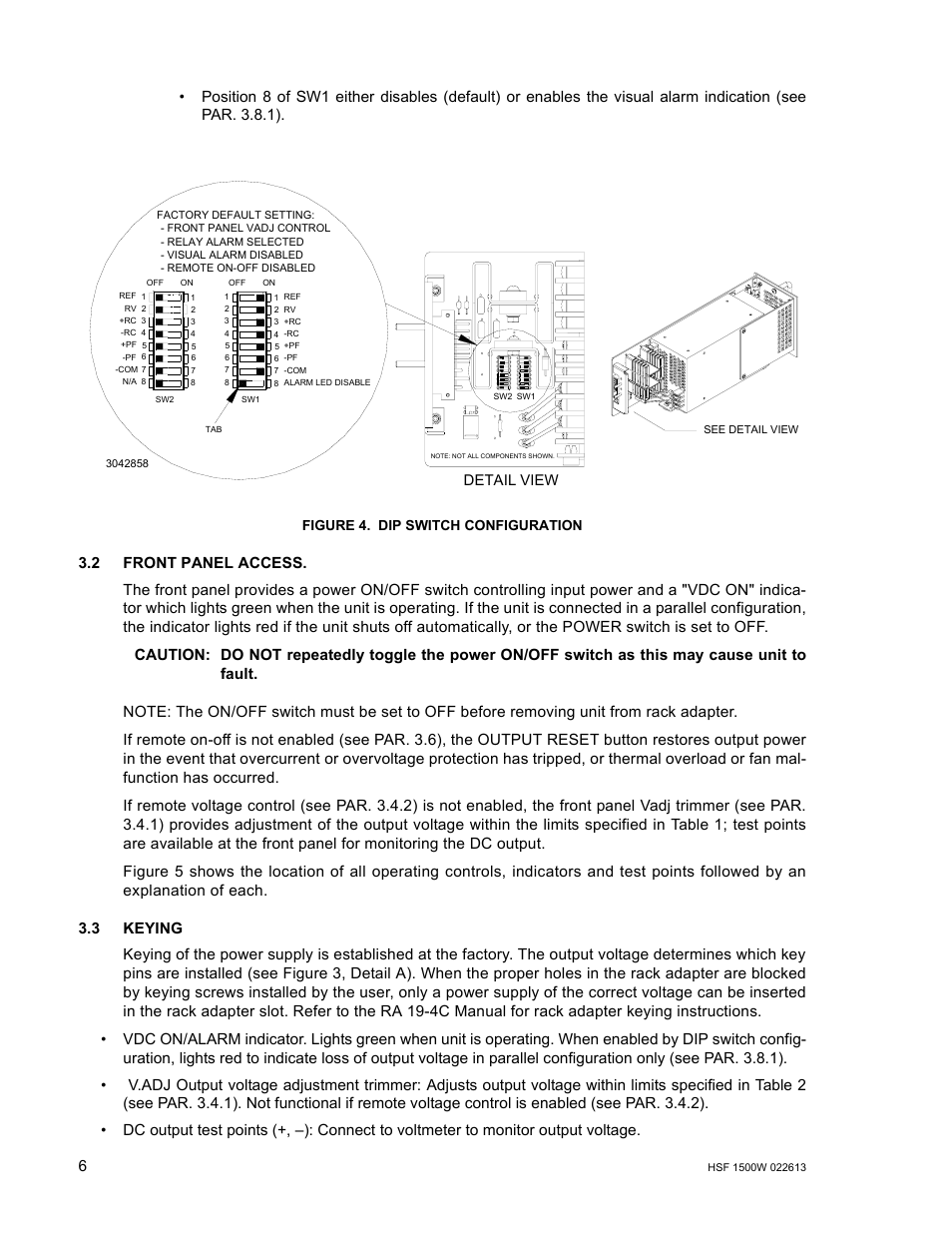 Figure 4. dip switch configuration, 2 front panel access, 3 keying | Front panel access, Keying, Dip switch configuration, 4), which, Detail view | KEPCO HSF 1500W Series (all models) Operator Manuals User Manual | Page 8 / 14