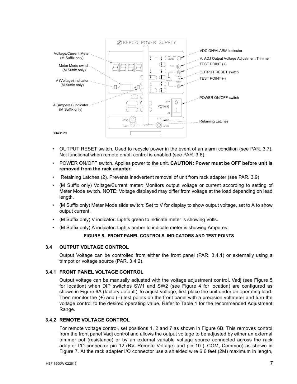 4 output voltage control, 1 front panel voltage control, 2 remote voltage control | Output voltage control, Front panel voltage control, Remote voltage control, Front panel controls, indicators and test points, R. 3.4.1), R. 3.4.2). t, R 3.4) | KEPCO HSF 1500W Series (all models) Operator Manuals User Manual | Page 9 / 14