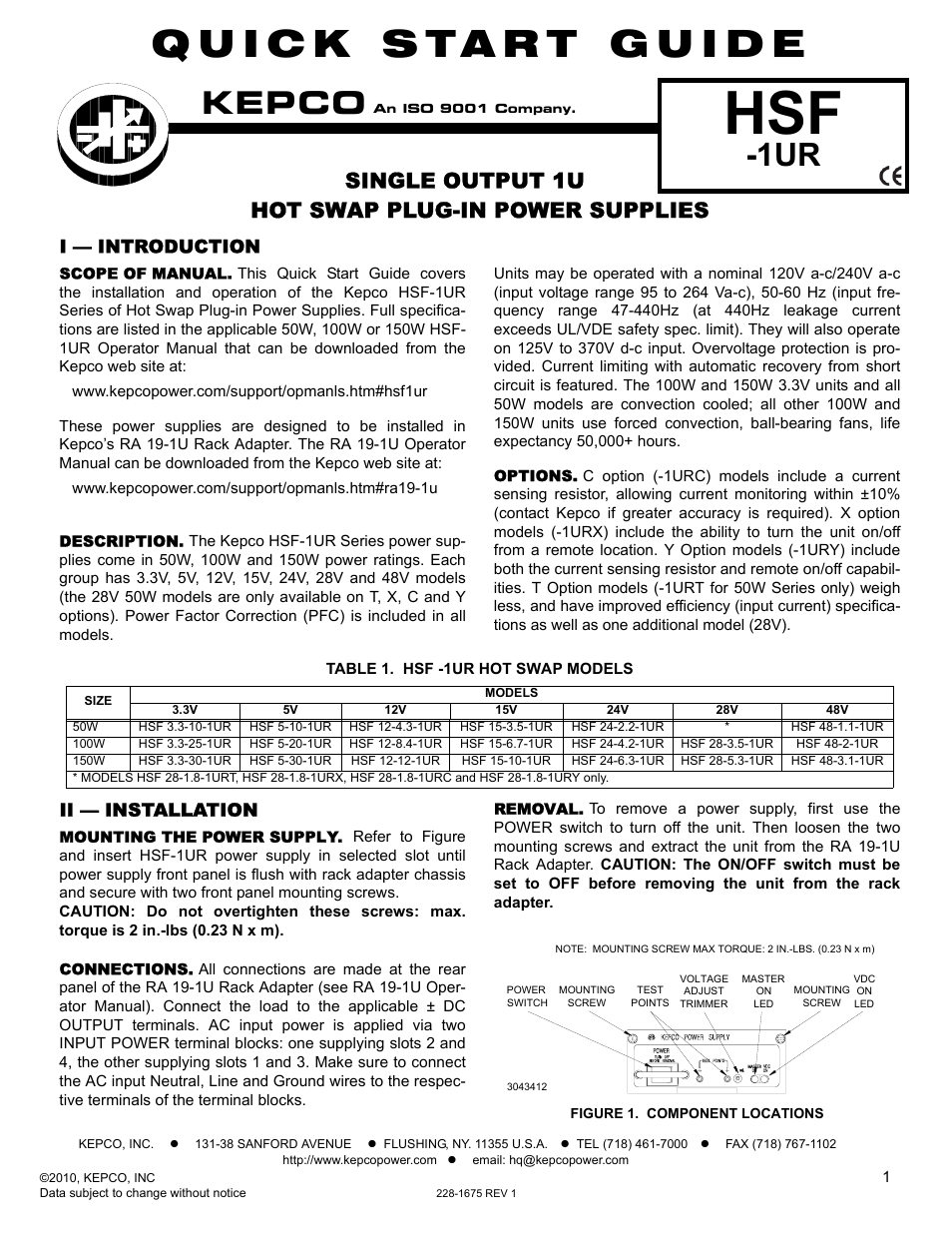 KEPCO HSF-1UR 150W Series Quick Start Guide User Manual | 2 pages