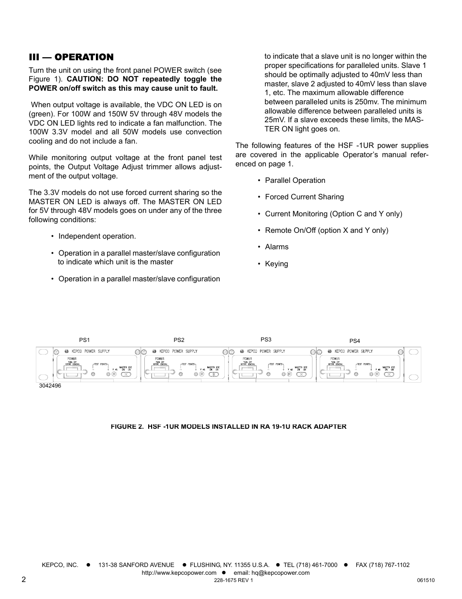 Iii — operation | KEPCO HSF-1UR 150W Series Quick Start Guide User Manual | Page 2 / 2