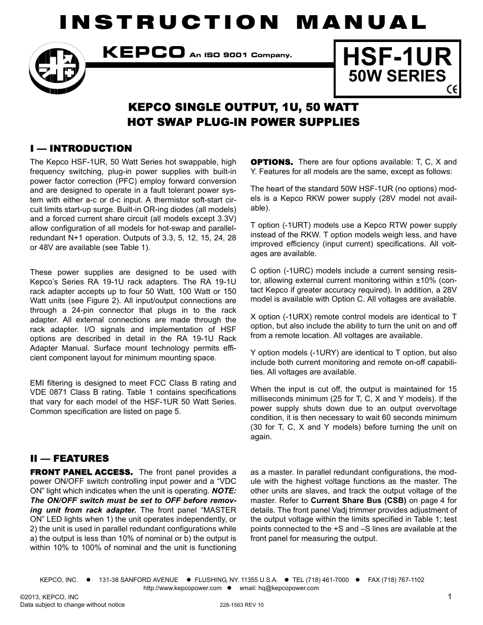 KEPCO HSF-1UR 50W Series Operator Manual User Manual | 7 pages