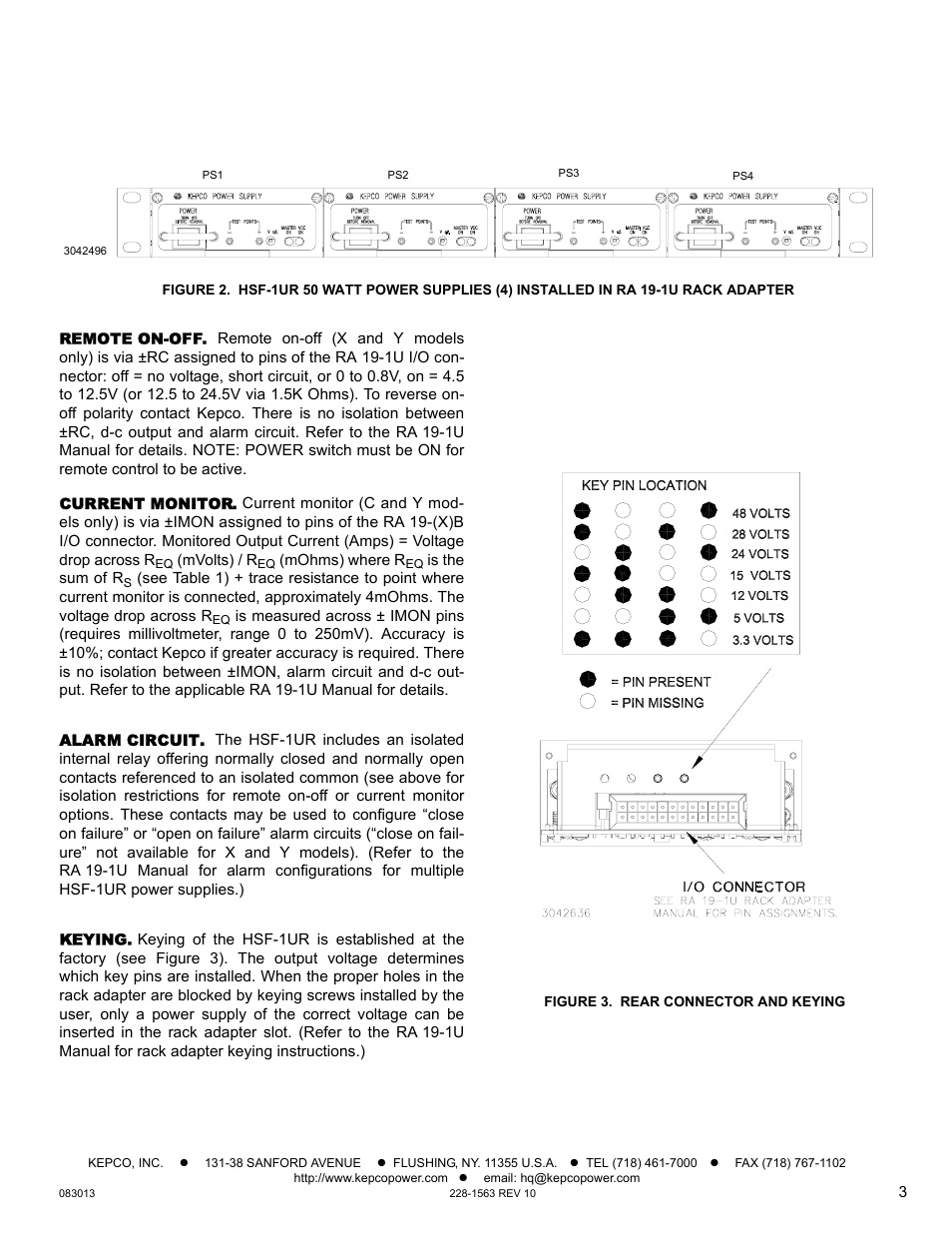 Remote on-off, Current monitor, Alarm circuit | Keying, Figure 3. rear connector and keying | KEPCO HSF-1UR 50W Series Operator Manual User Manual | Page 3 / 7