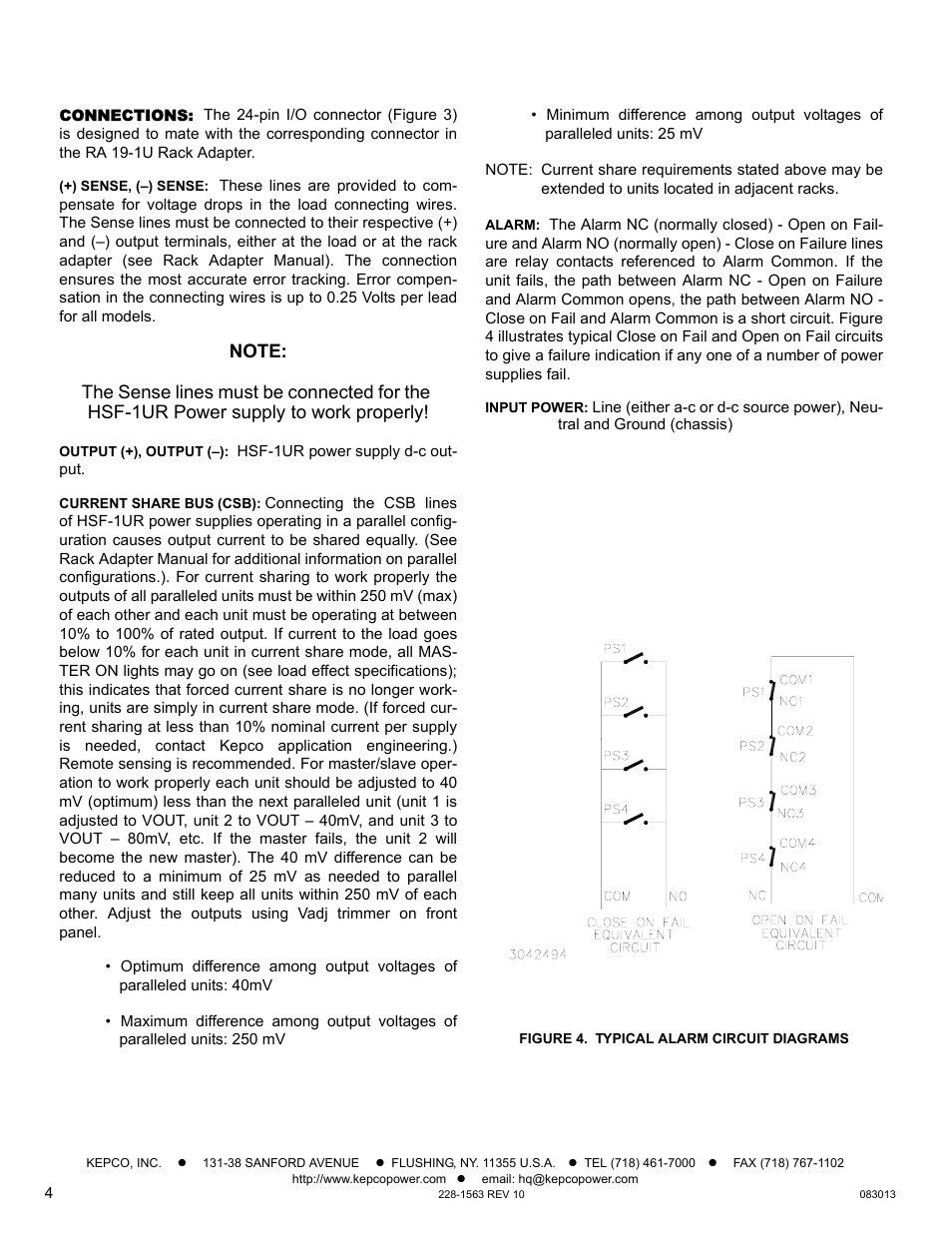 Connections, Figure 4. typical alarm circuit diagrams | KEPCO HSF-1UR 50W Series Operator Manual User Manual | Page 4 / 7