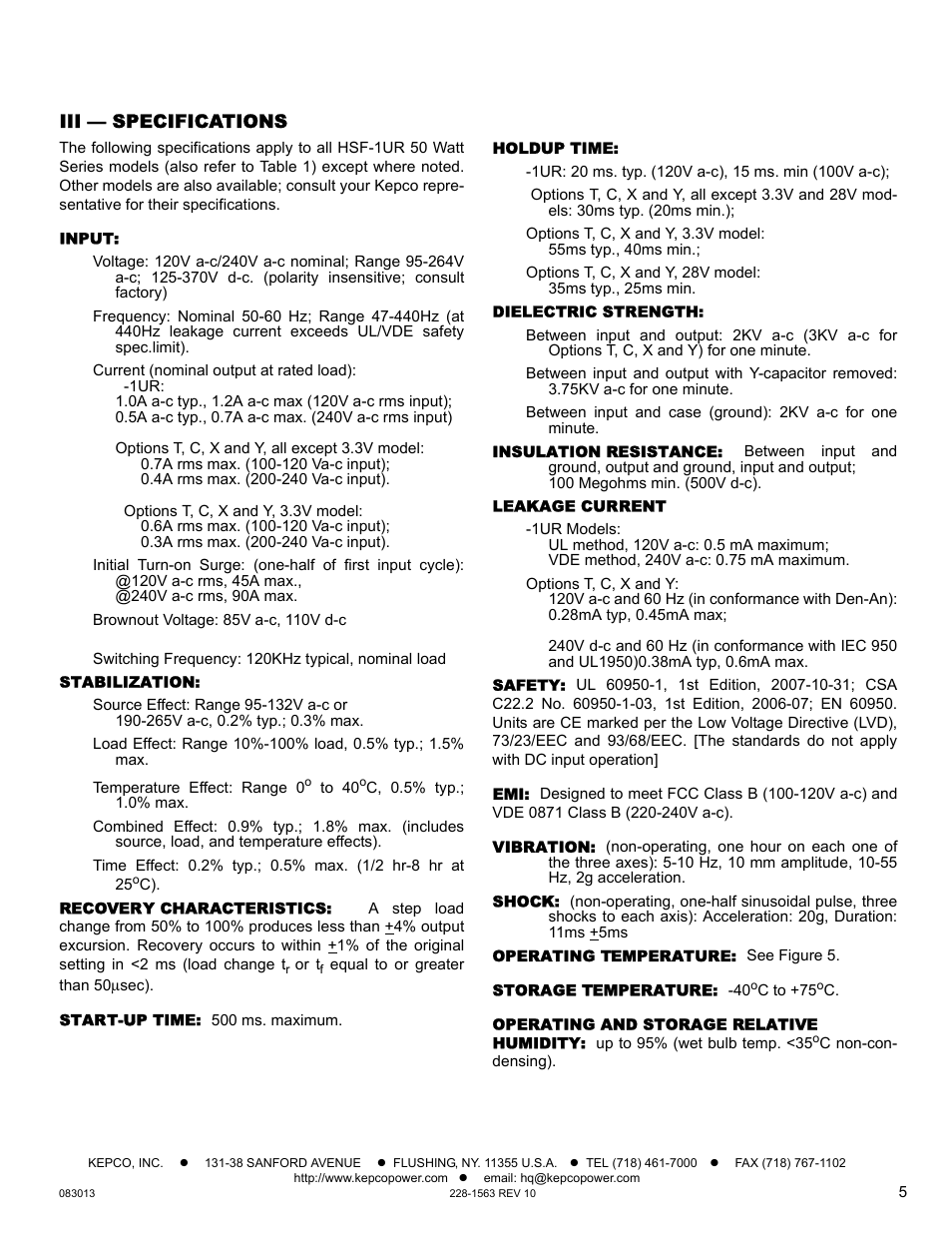 Iii — specifications, Input, Stabilization | Recovery characteristics, Start-up time, Holdup time, Dielectric strength, Insulation resistance, Leakage current, Safety | KEPCO HSF-1UR 50W Series Operator Manual User Manual | Page 5 / 7