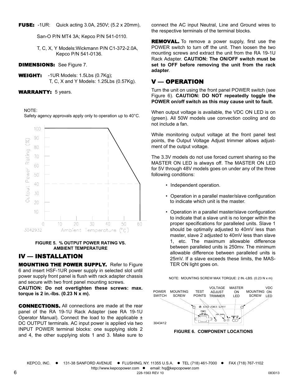 Fuse, Dimensions, Weight | Warranty, Iv — installation, Mounting the power supply, Connections, Removal, V — operation, Figure 6. component locations | KEPCO HSF-1UR 50W Series Operator Manual User Manual | Page 6 / 7