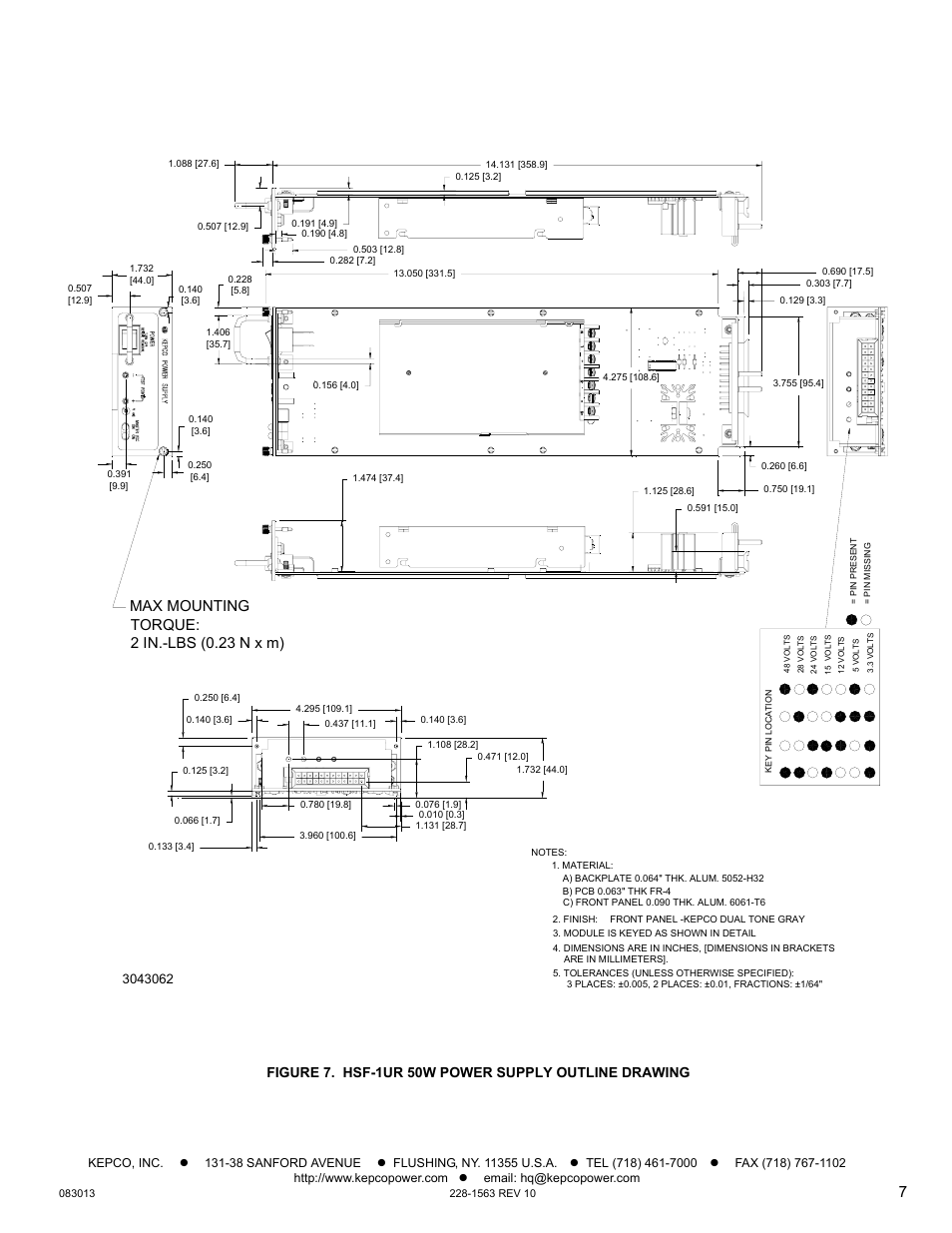 Figure 7. hsf-1ur 50w power supply outline drawing, Max mounting torque: 2 in.-lbs (0.23 n x m) | KEPCO HSF-1UR 50W Series Operator Manual User Manual | Page 7 / 7