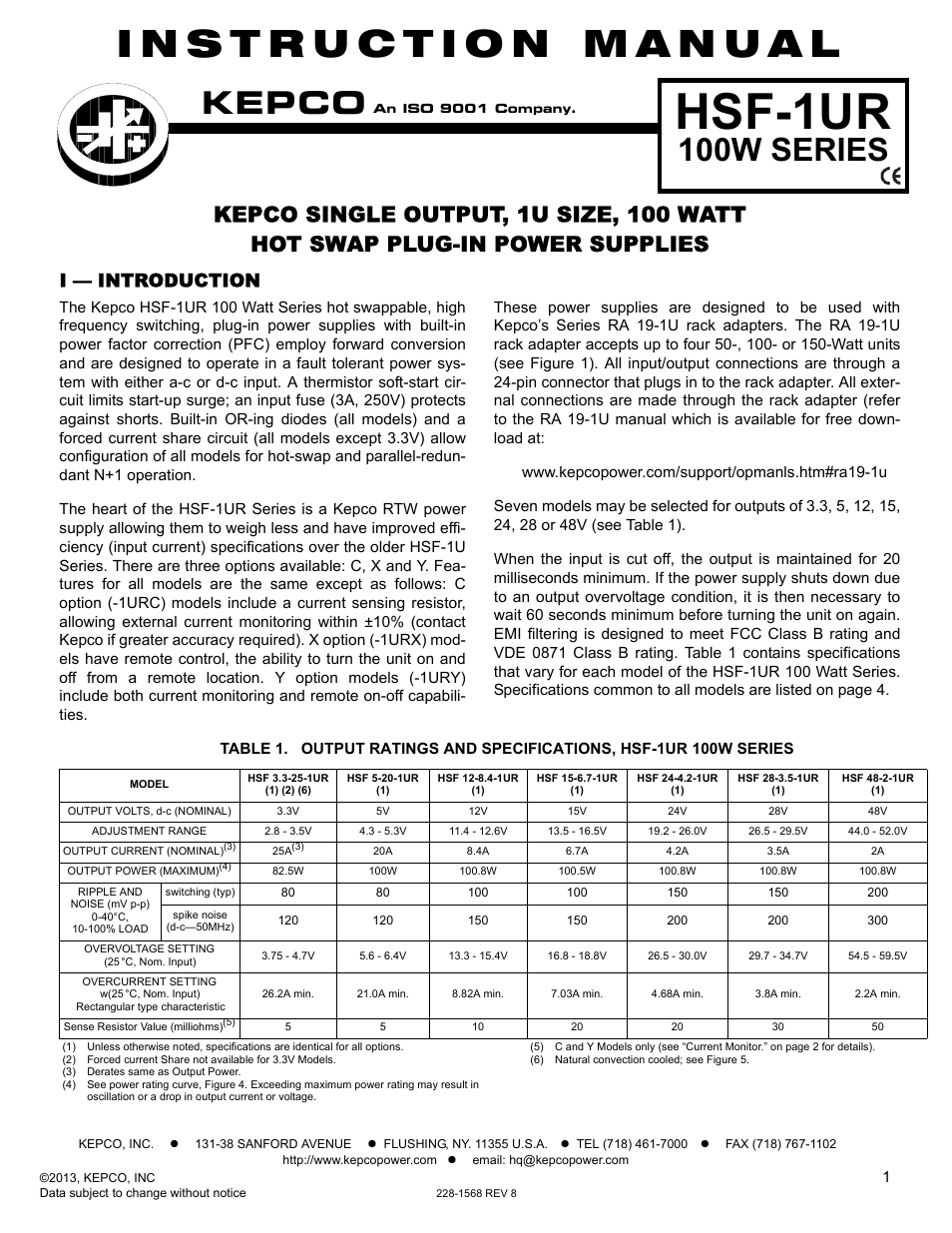 KEPCO HSF-1UR 100W Series Operator Manual User Manual | 7 pages