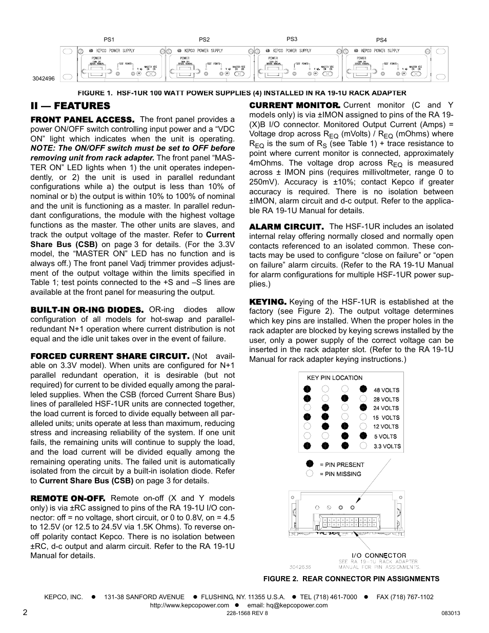 Ii — features, Front panel access, Built-in or-ing diodes | Forced current share circuit, Remote on-off, Current monitor, Alarm circuit, Keying, Figure 2. rear connector pin assignments | KEPCO HSF-1UR 100W Series Operator Manual User Manual | Page 2 / 7