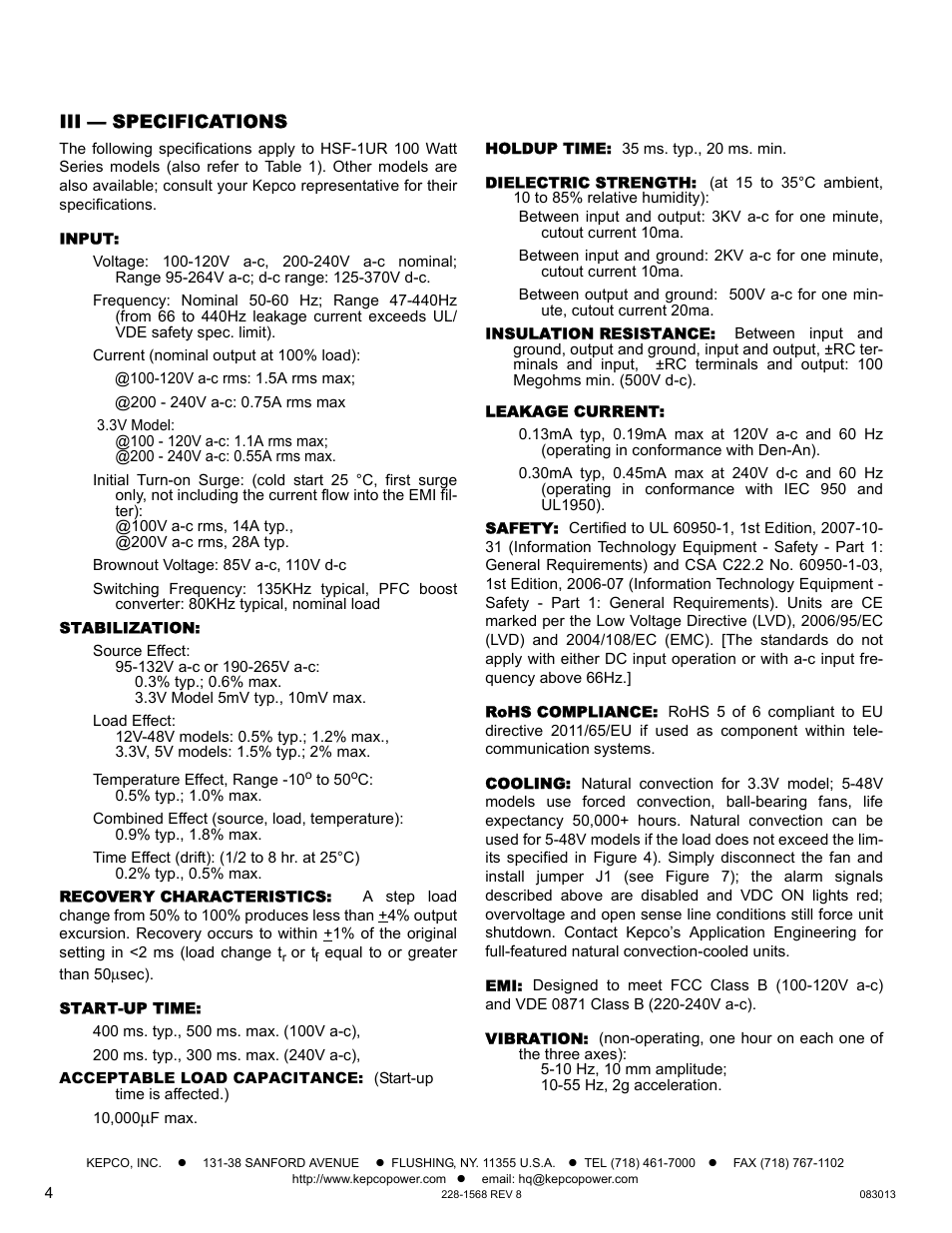 Iii — specifications, Input, Stabilization | Recovery characteristics, Start-up time, Acceptable load capacitance, Holdup time, Dielectric strength, Insulation resistance, Leakage current | KEPCO HSF-1UR 100W Series Operator Manual User Manual | Page 4 / 7