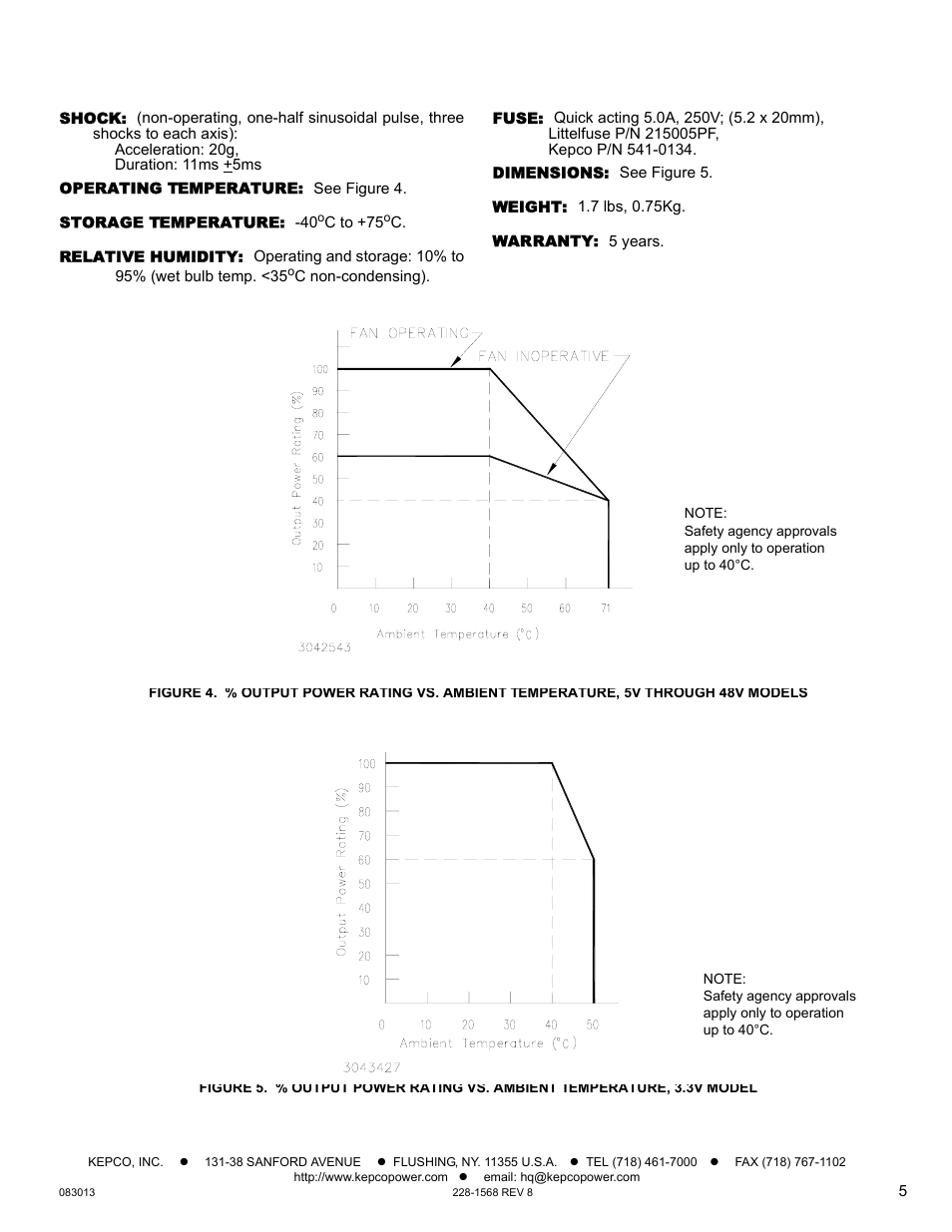 Shock, Operating temperature, Storage temperature | Relative humidity, Fuse, Dimensions, Weight, Warranty | KEPCO HSF-1UR 100W Series Operator Manual User Manual | Page 5 / 7
