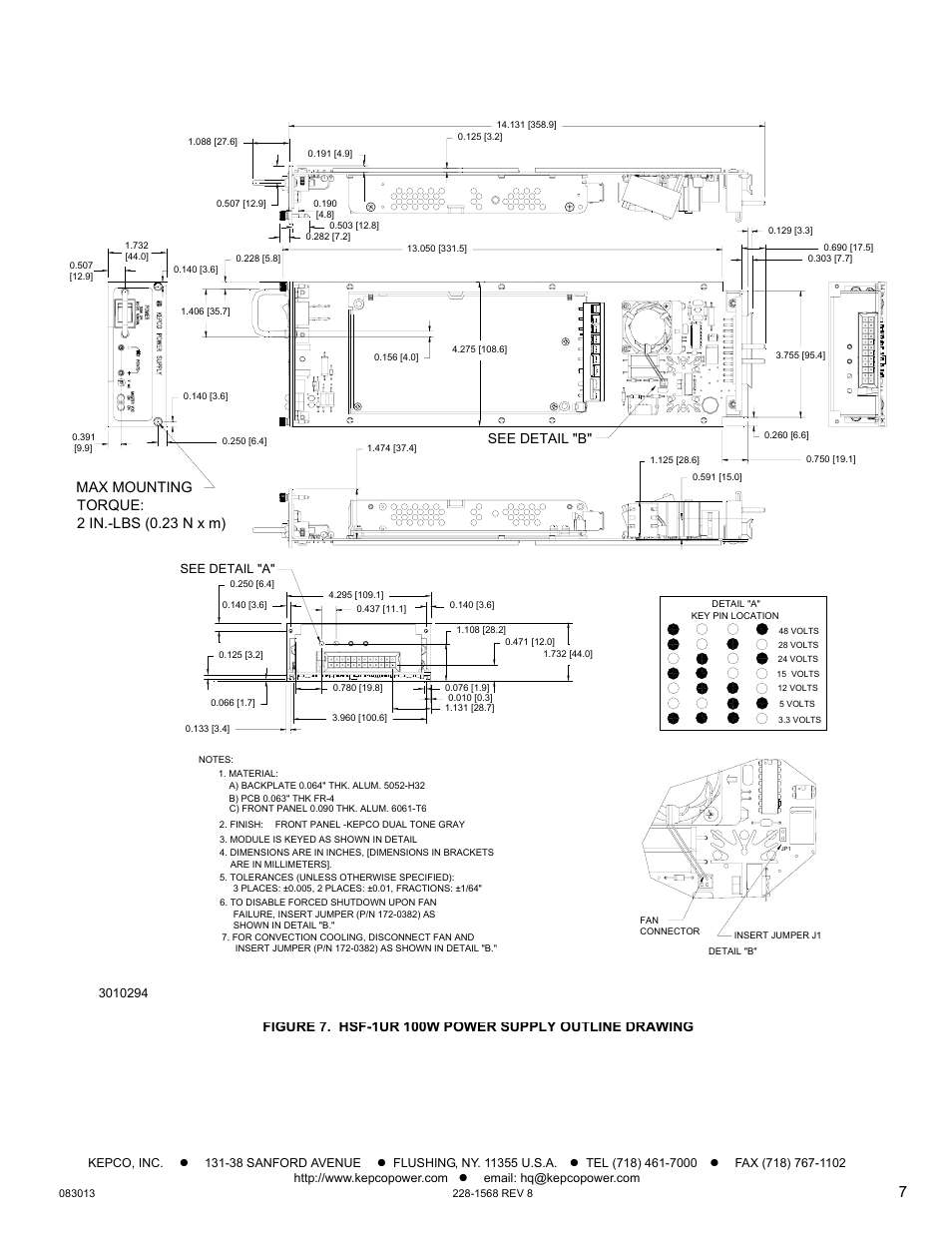 And figure 7), Max mounting torque: 2 in.-lbs (0.23 n x m), See detail "b | KEPCO HSF-1UR 100W Series Operator Manual User Manual | Page 7 / 7