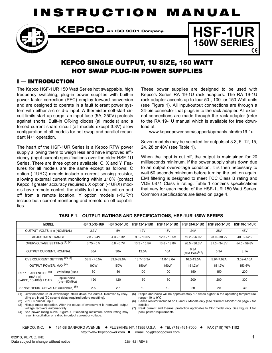 KEPCO HSF-1UR 150W Series Operator Manual User Manual | 7 pages