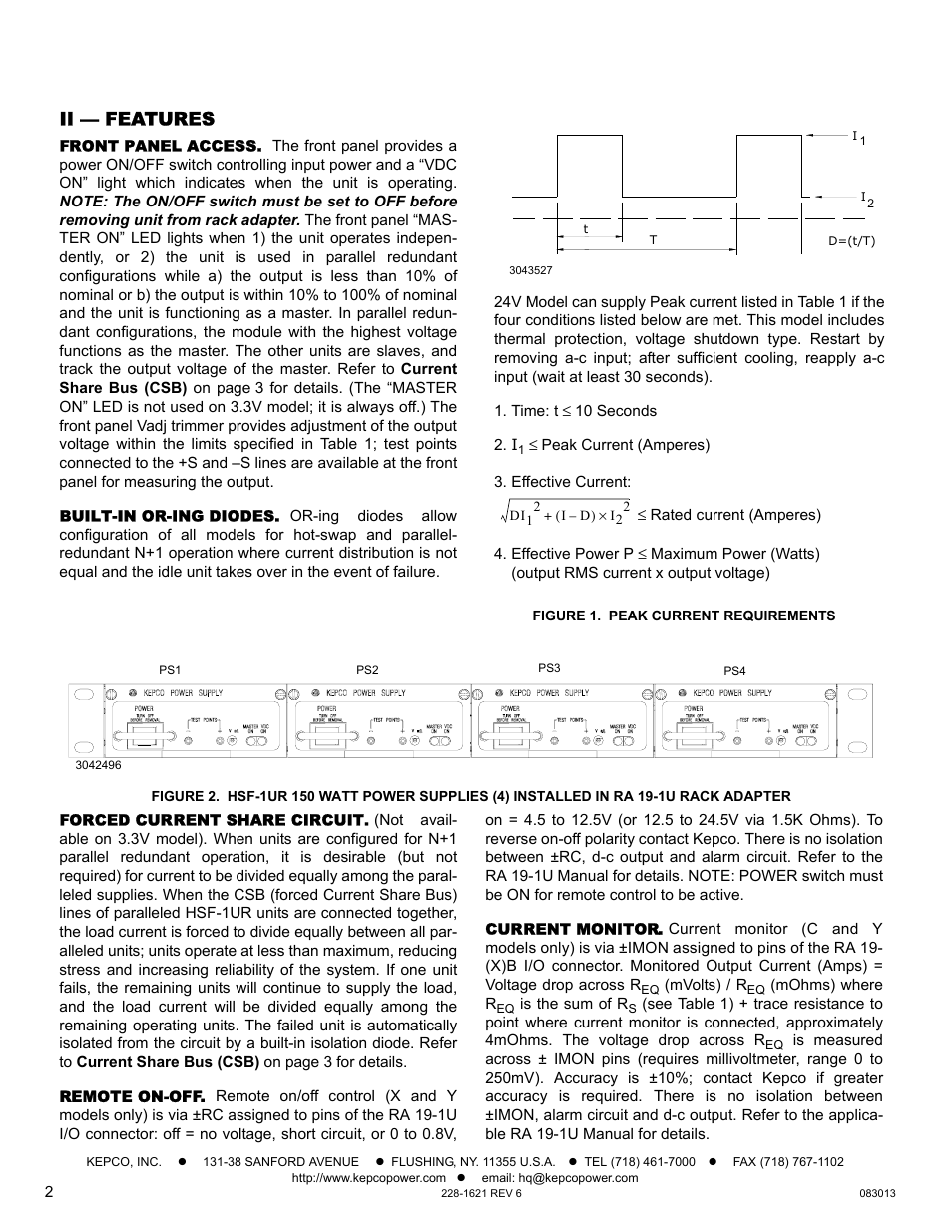 Ii — features, Front panel access, Built-in or-ing diodes | Figure 1. peak current requirements, Forced current share circuit, Remote on-off, Current monitor | KEPCO HSF-1UR 150W Series Operator Manual User Manual | Page 2 / 7