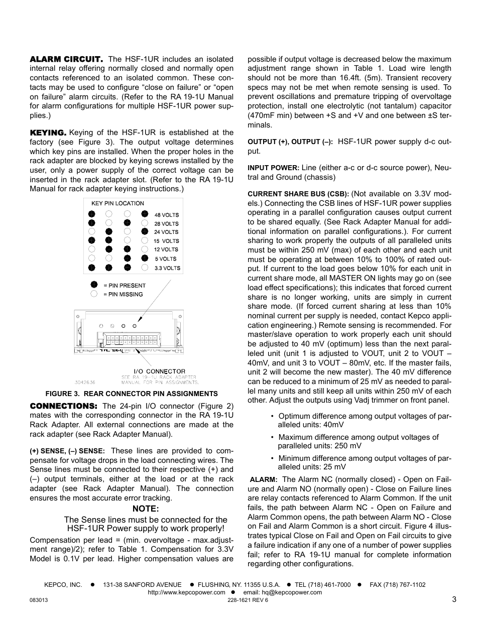 Alarm circuit, Keying, Figure 3. rear connector pin assignments | Connections | KEPCO HSF-1UR 150W Series Operator Manual User Manual | Page 3 / 7